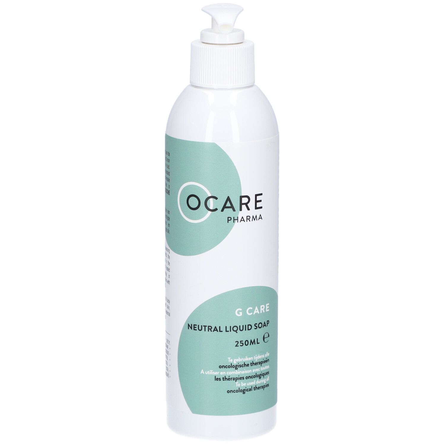 Flacon blanc avec pompe. Ocare Pharma, G Care Savon liquide neutre. 250ml. Pour thérapies oncologiques.