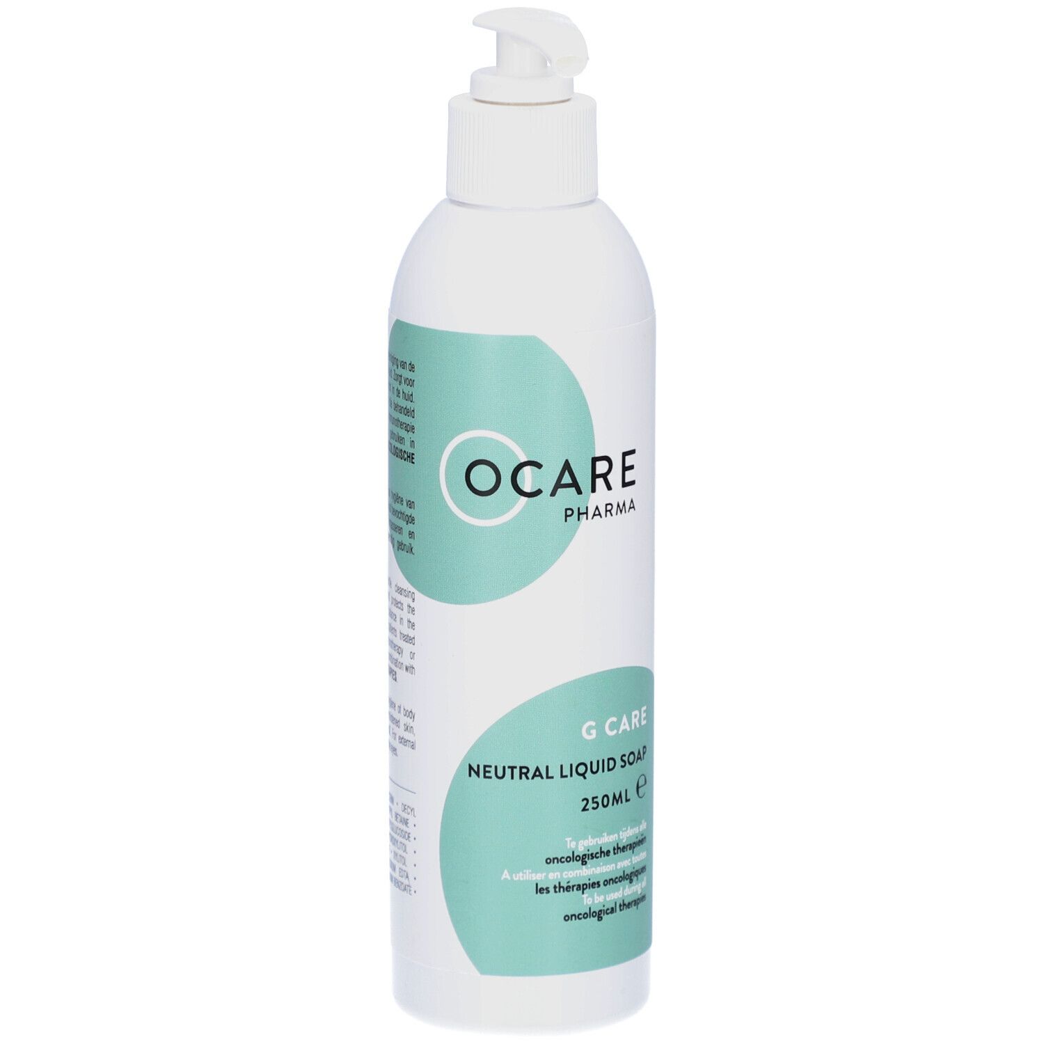 Flacon blanc avec pompe. Ocare Pharma, G Care Savon liquide neutre. 250ml. Pour thérapies oncologiques.
