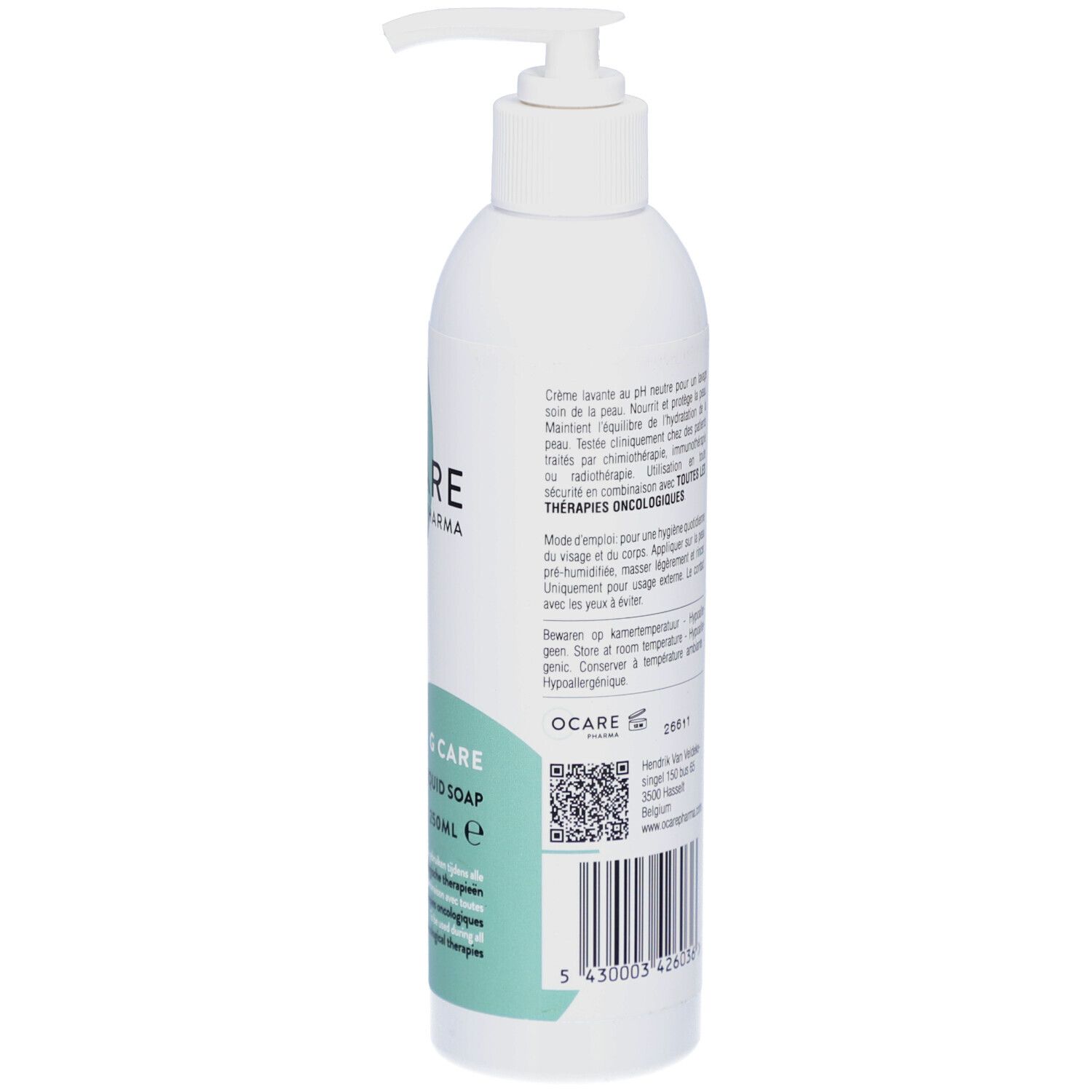 Dos du flacon blanc. Ocare Pharma, G Care. Texte en allemand et anglais. Pour thérapies oncologiques.