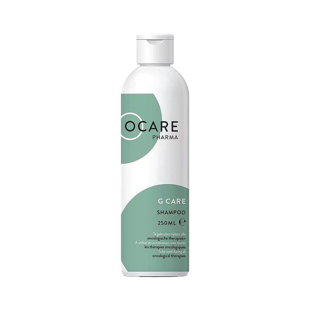 Witte fles Ocare Pharma G Care Shampoo. Turquoise accenten. Tekst: G Care Shampoo, 250ml e, oncologische therapieën.