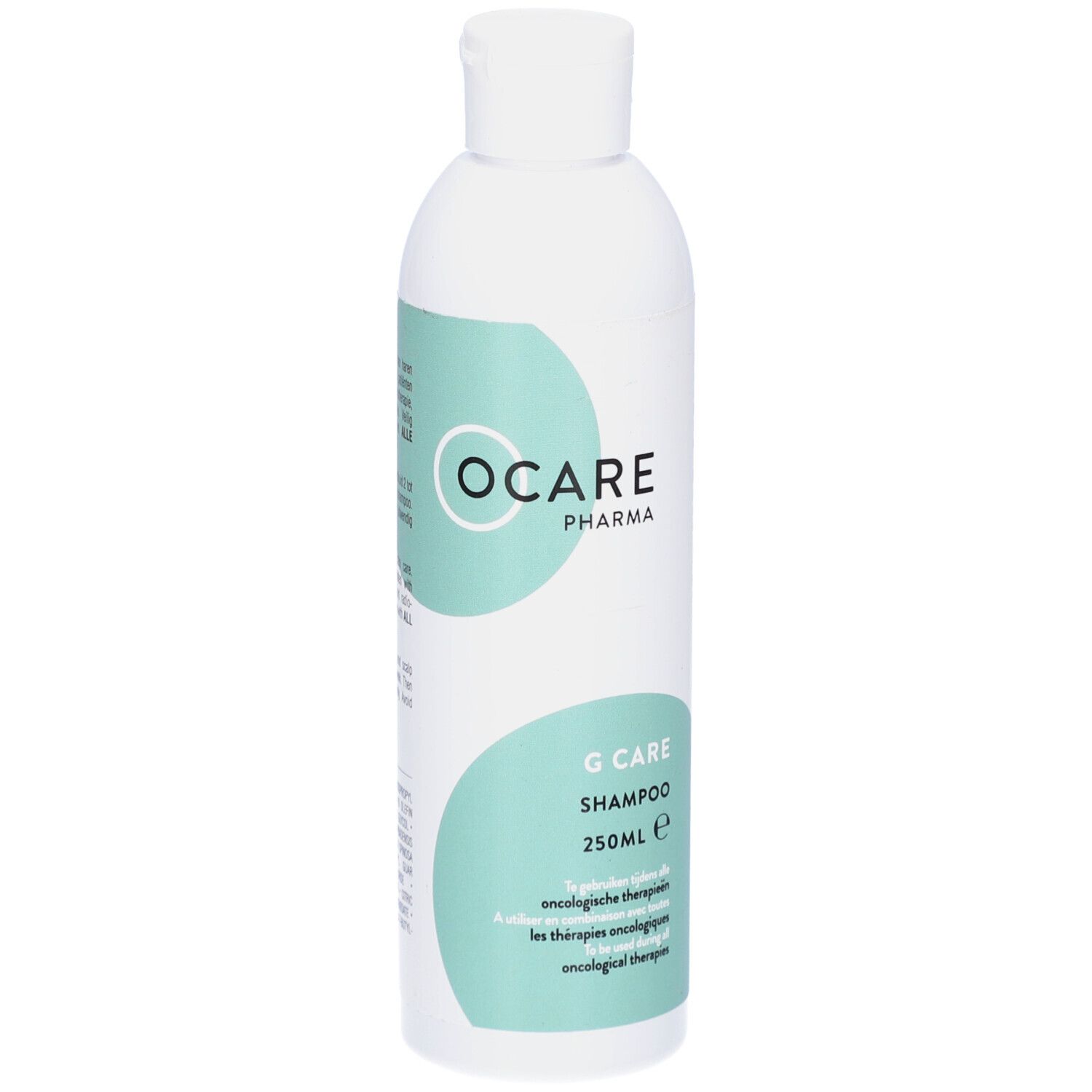 Flacon blanc Ocare Pharma G Care Shampoo. Motifs turquoise. Texte: G Care Shampoo, 250ml e, thérapies oncologiques.