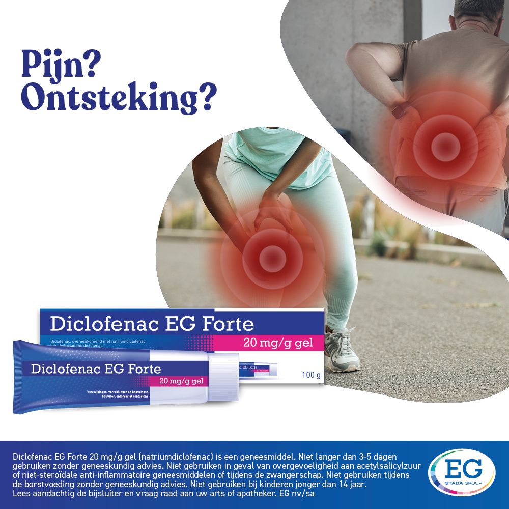Reclame met Diclofenac EG Forte 2% gel. Mensen met pijn, productafbeelding, tekst.