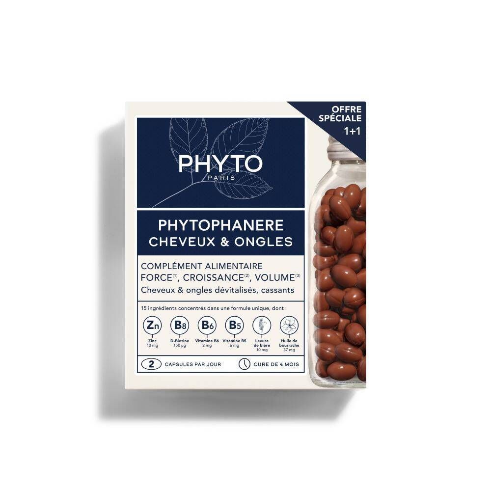 Boîte de Phyto Phytophanère. Contient des gélules et des informations sur le produit. Couleurs bleu et blanc.