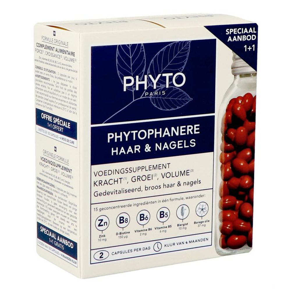 Verpakking van voedingssupplementen. Bevat capsules in een glazen fles. Opschrift: Phyto Phytophanère, haar & nagels.