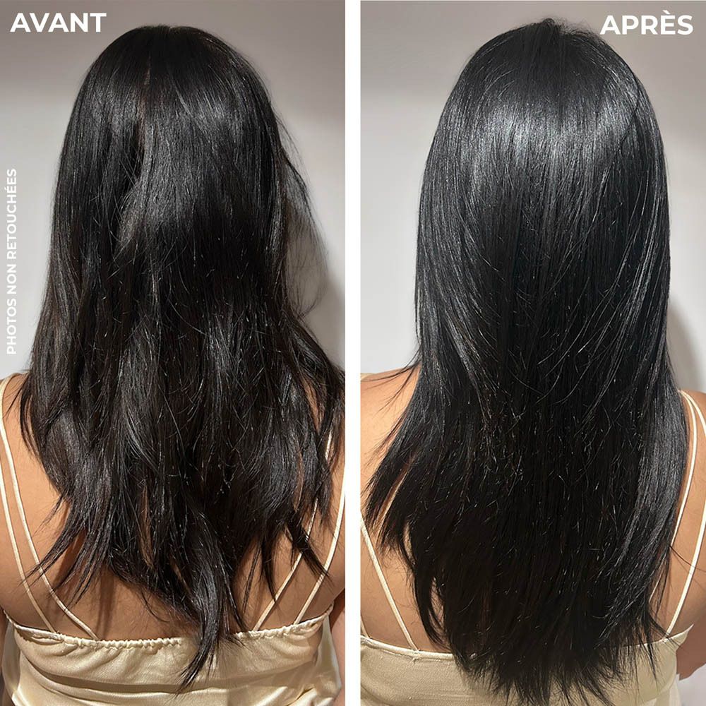 Voor-en-na-vergelijking van haar. Links: onverzorgd haar. Rechts: glad, verzorgd haar.