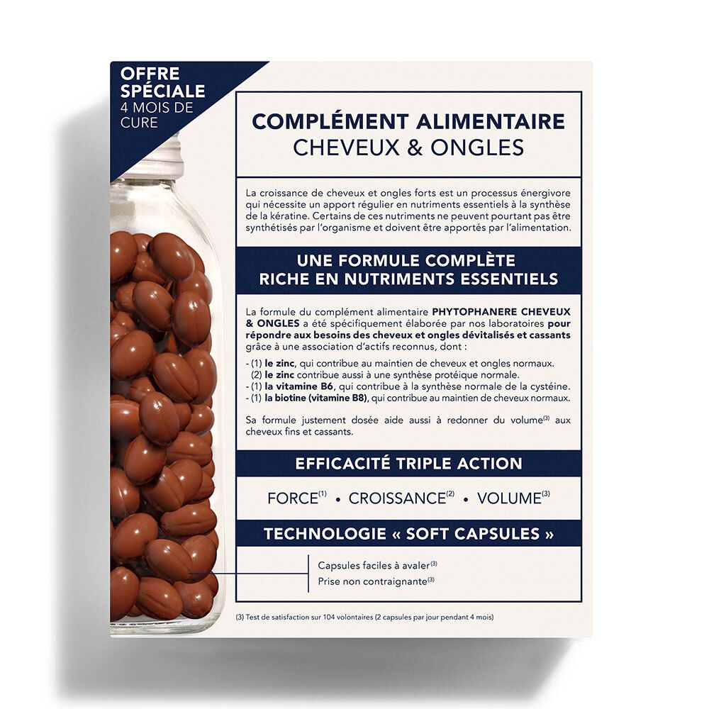 Achterkant van de verpakking. Tekst over de ingrediënten en effecten van het product. Bevat een glazen fles met capsules.