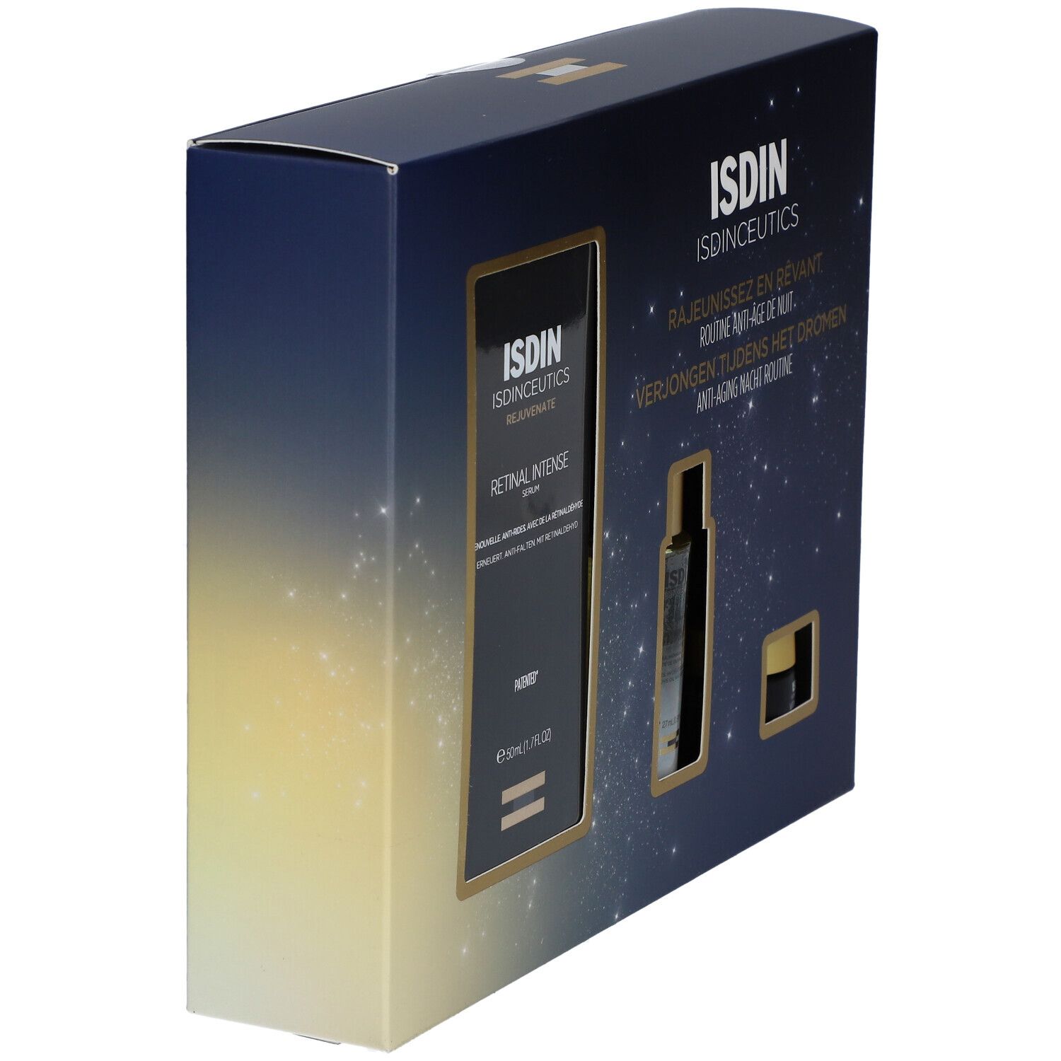 Coffret cadeau, vue en biais. Contient sérum, flacon et pot. Marque ISDIN, nom du produit sur l'emballage.