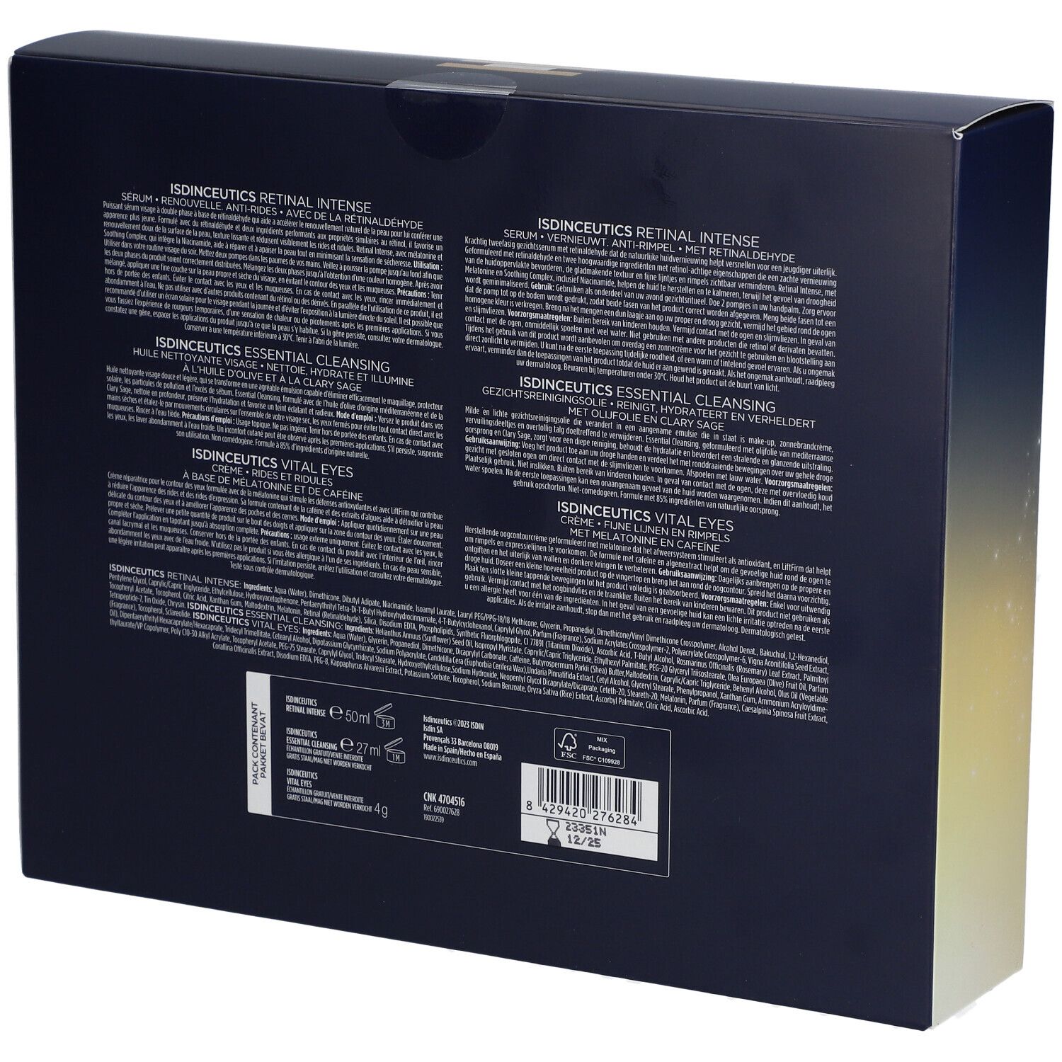 Dos du coffret cadeau. Texte multilingue. Contient des informations sur les produits. Marque ISDIN.
