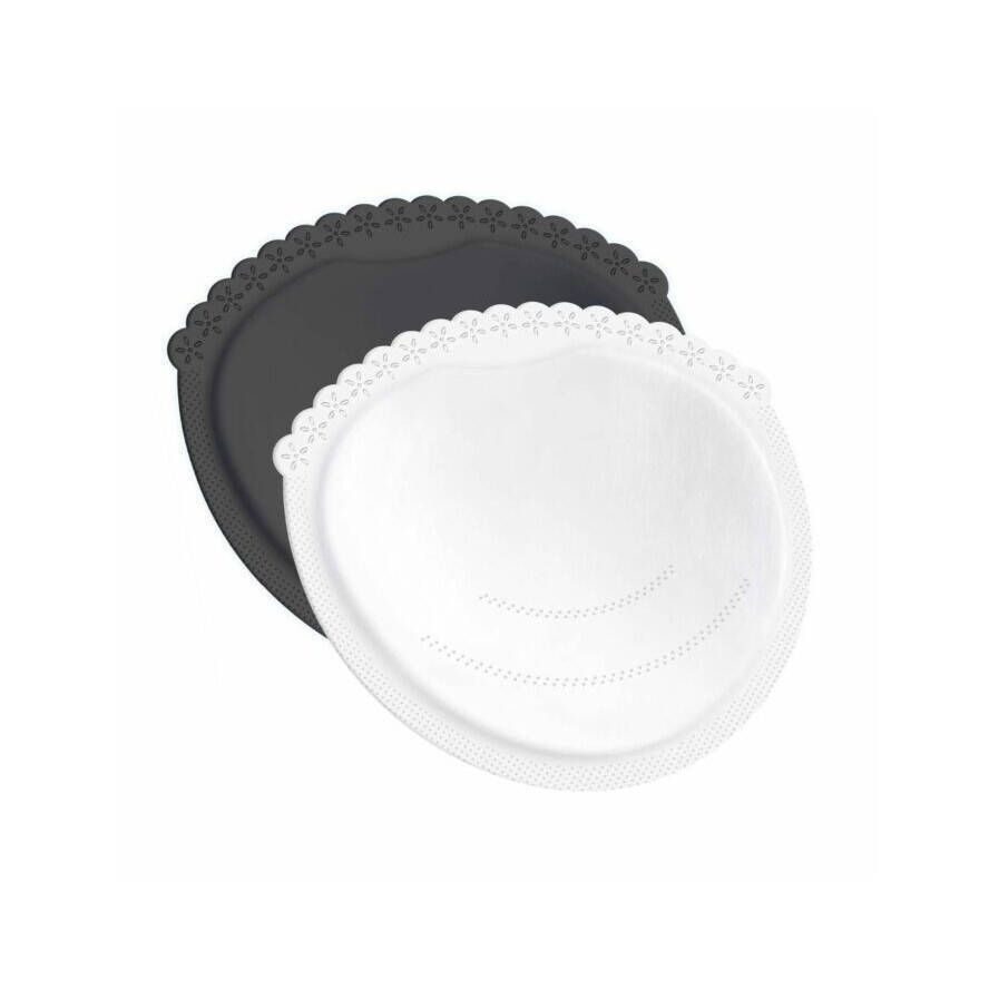 Deux coussinets d'allaitement ronds, un noir, un blanc. Bord dentelé.
