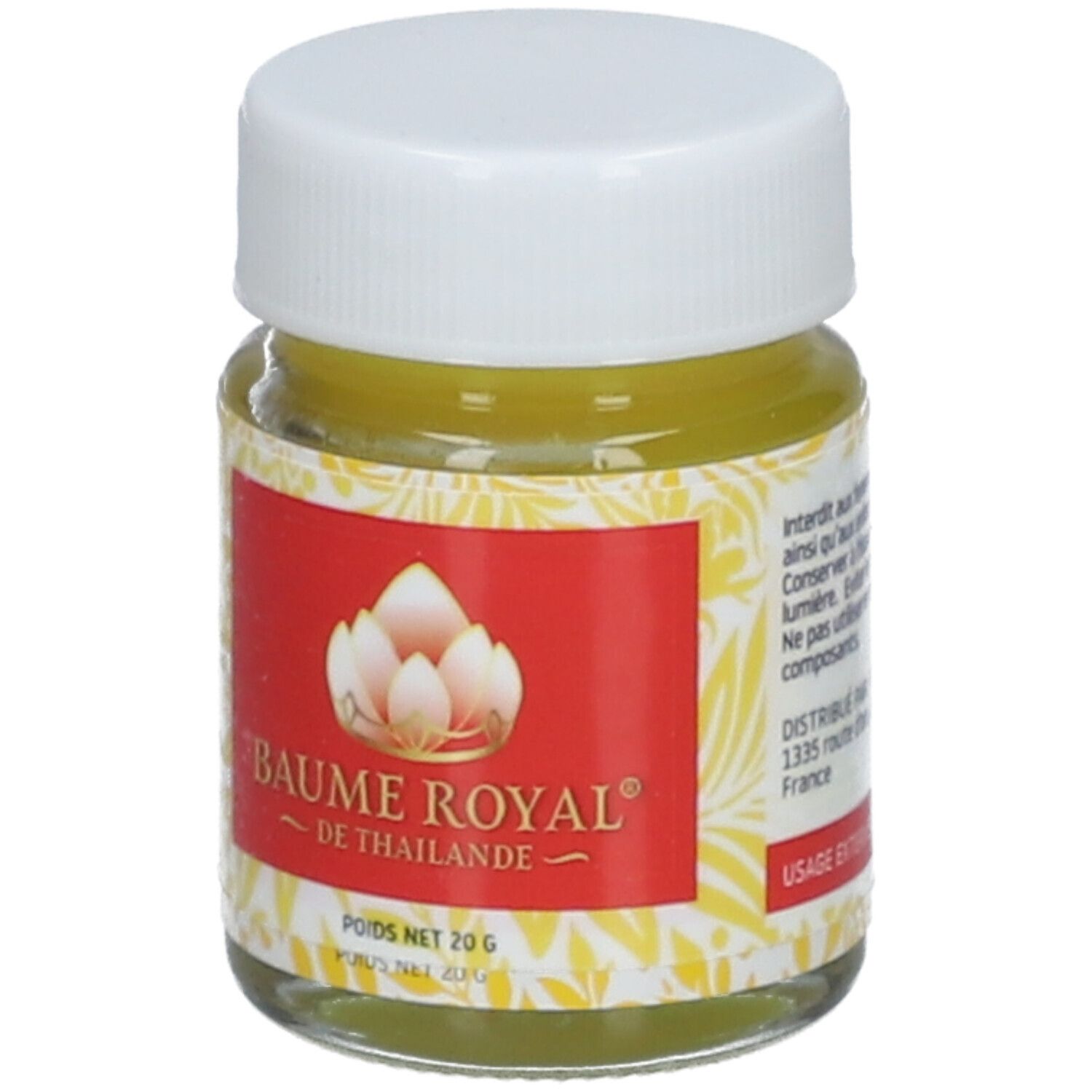 Pot en verre avec contenu jaune et couvercle blanc. Étiquette rouge avec nom du produit et logo.