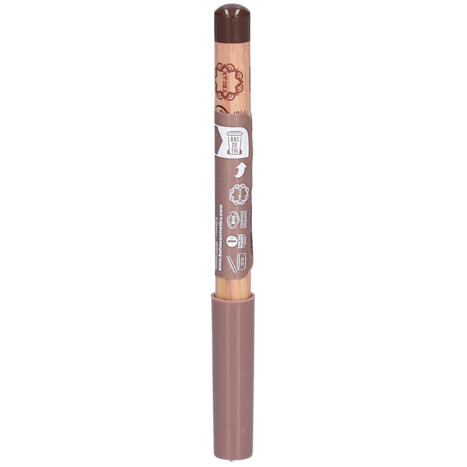 Crayon pour les yeux brun. Corps en bois avec pointe et manchon marron. Texte et symboles.