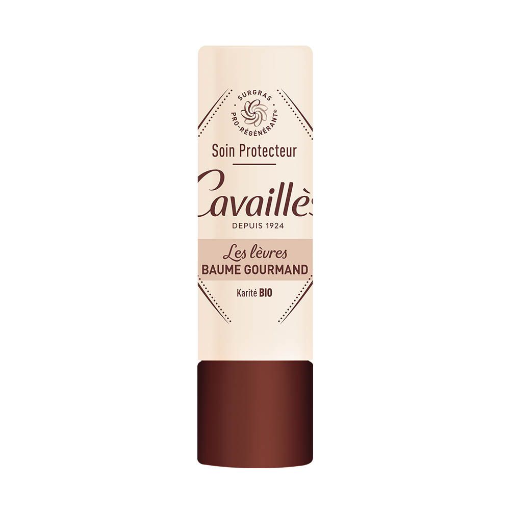 Stick de soin pour les lèvres avec base marron et capuchon blanc. Inscription: Cavaillès, Soin Protecteur, Les lèvres Baume Gourmand.