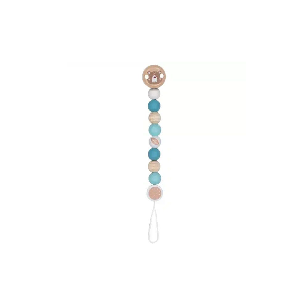 Speenclip met berenmotief, houten kralen en siliconen kralen in blauw en beige.