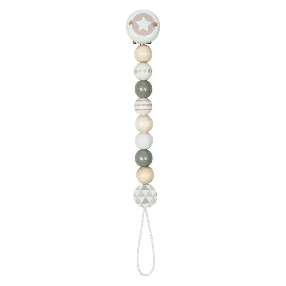 Houten fopspeenketting met sterrenmotief, grijze, beige en witte kralen.