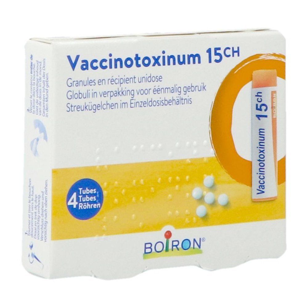 Boîte de Vaccinotoxinum 15CH, Boiron. Contient 4 tubes. Inscriptions : Vaccinotoxinum 15CH, logo Boiron. Boîte blanche avec détails jaunes.
