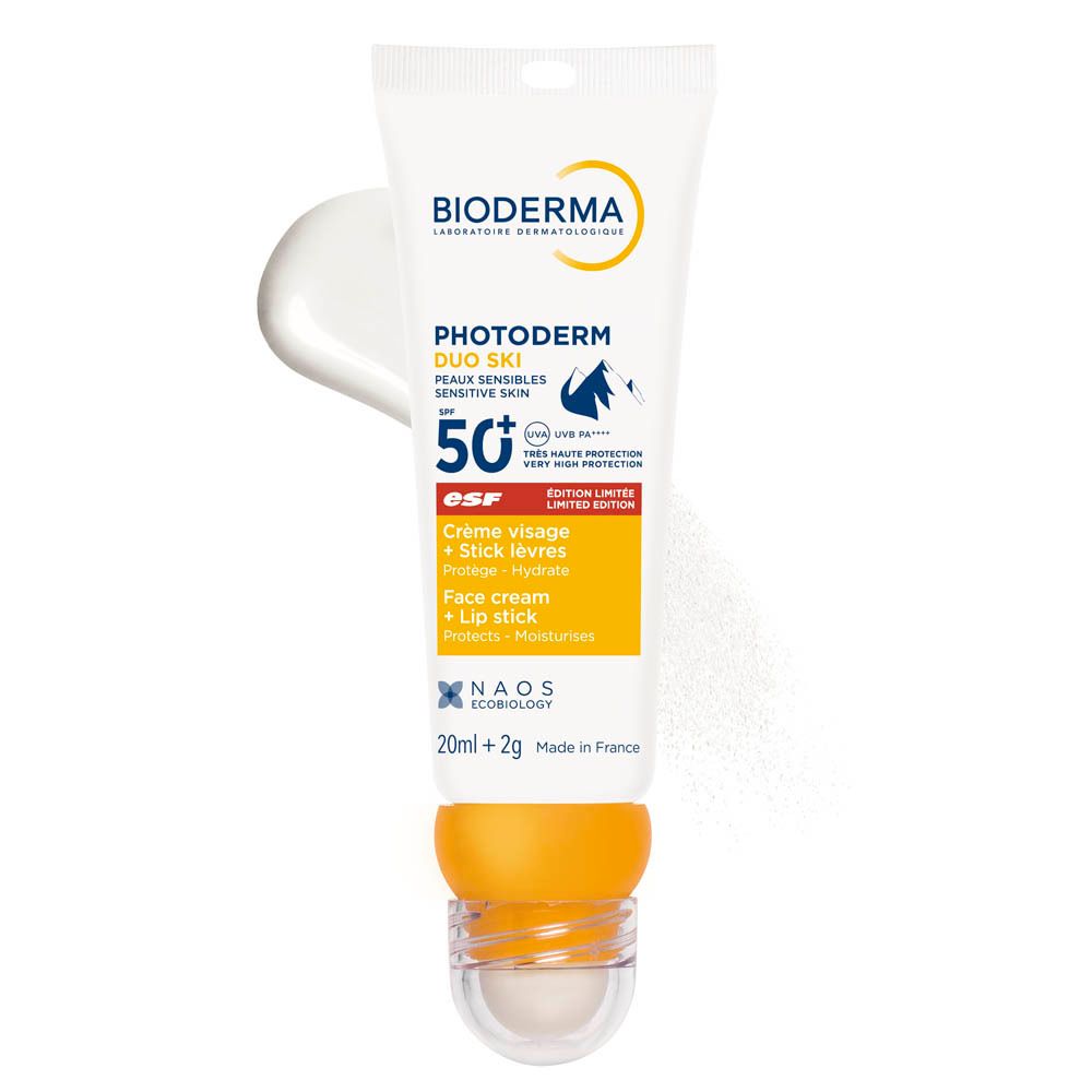 BIODERMA Photoderm Duo Ski SPF50+ tube. Crème voor gezicht en lippen. Roll-on applicator. Witte tube met gele dop.