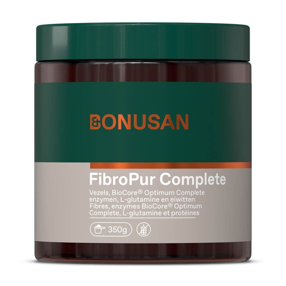 Bruine pot met groen deksel. Opschrift: FibroPur Complete, Bonusan. 350g.