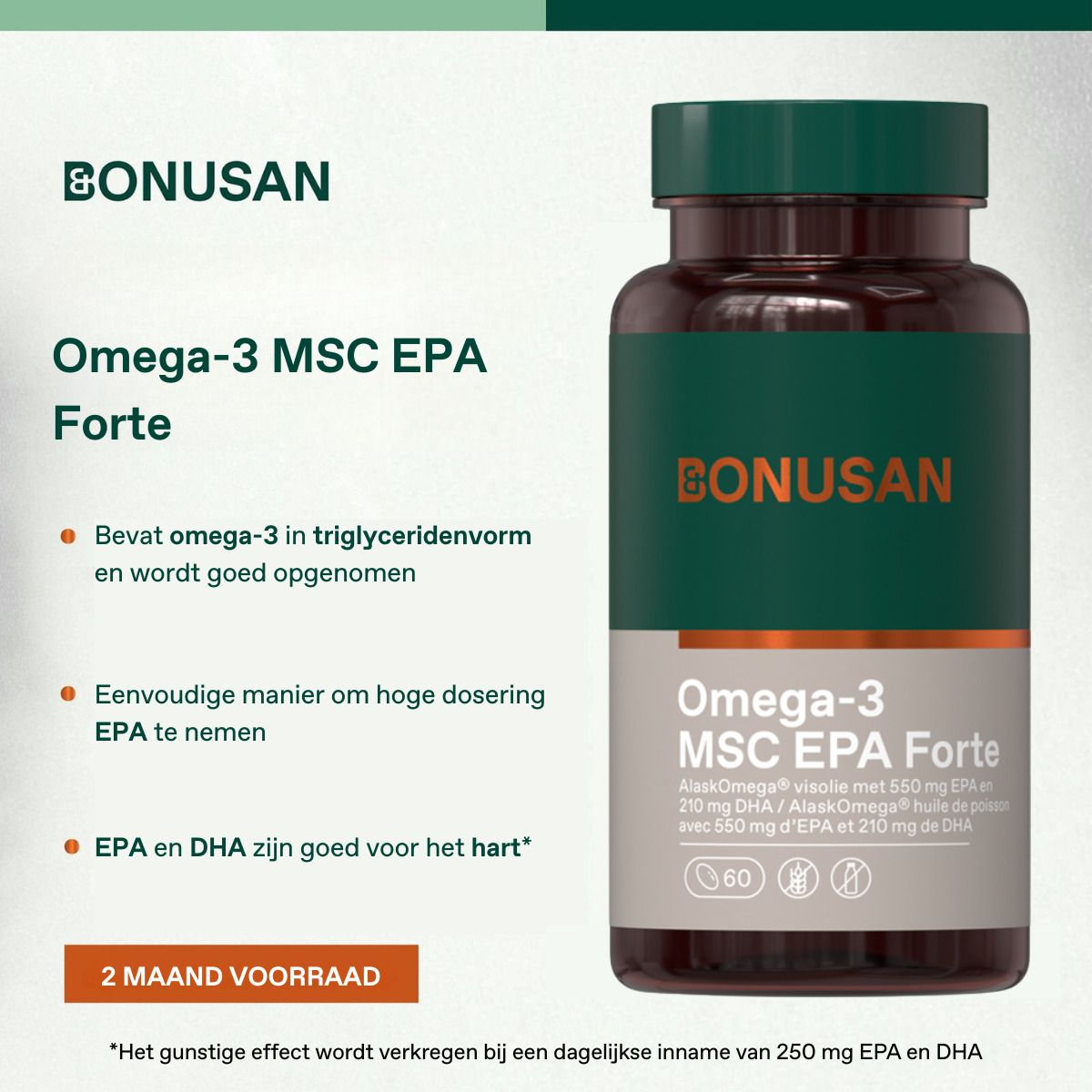 Groene fles met capsules. Opschrift: Omega-3 MSC EPA Forte. Voordelen van EPA en DHA. 2 maanden voorraad.