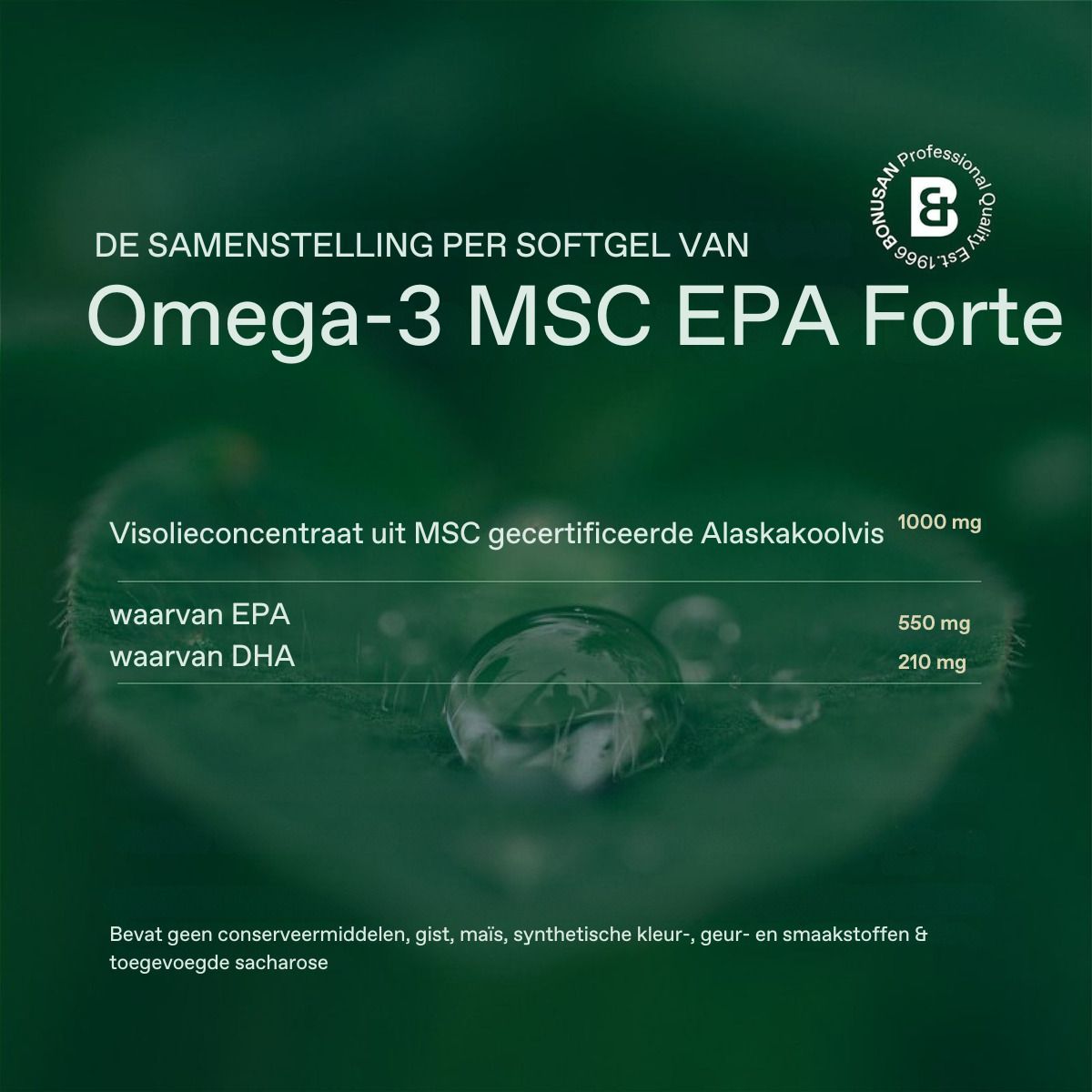 Groene achtergrond. Samenstelling per softgel. 1000 mg visolie. EPA- en DHA-waarden.