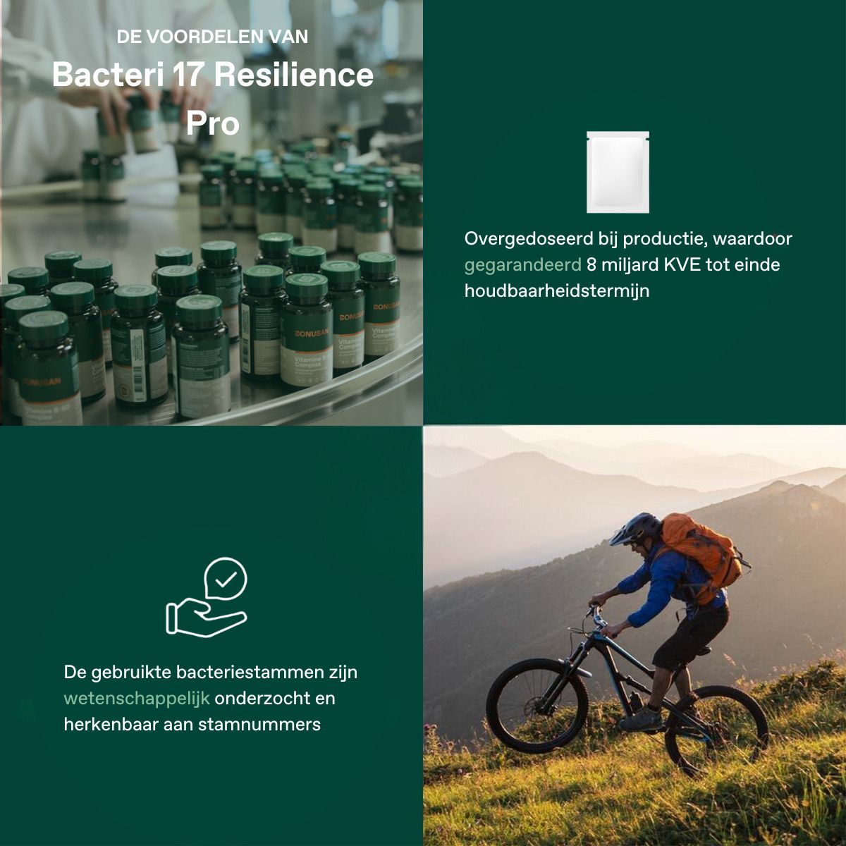 Bacteri 17 Resilience Pro. Comprimés en flacons. 8 milliards d'UFC garantis. Souches bactériennes étudiées scientifiquement.