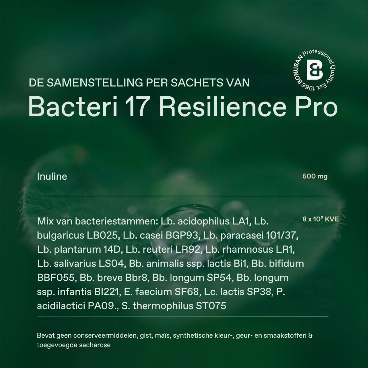 Bacteri 17 Resilience Pro. Sachet unique. Contient de l'inuline et des souches bactériennes. 8x10^9 UFC.