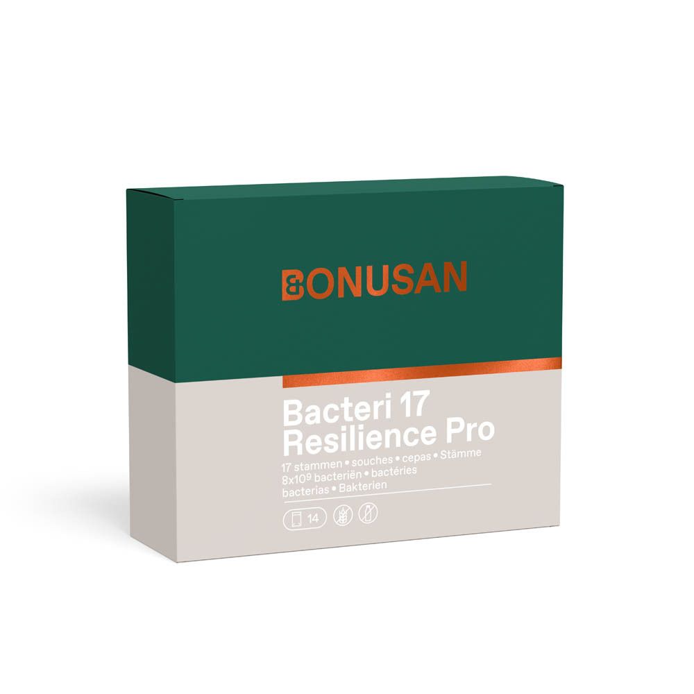 Bonusan Bacteri 17 Resilience Pro doos, van de zijkant bekeken. Groene en grijze verpakking.