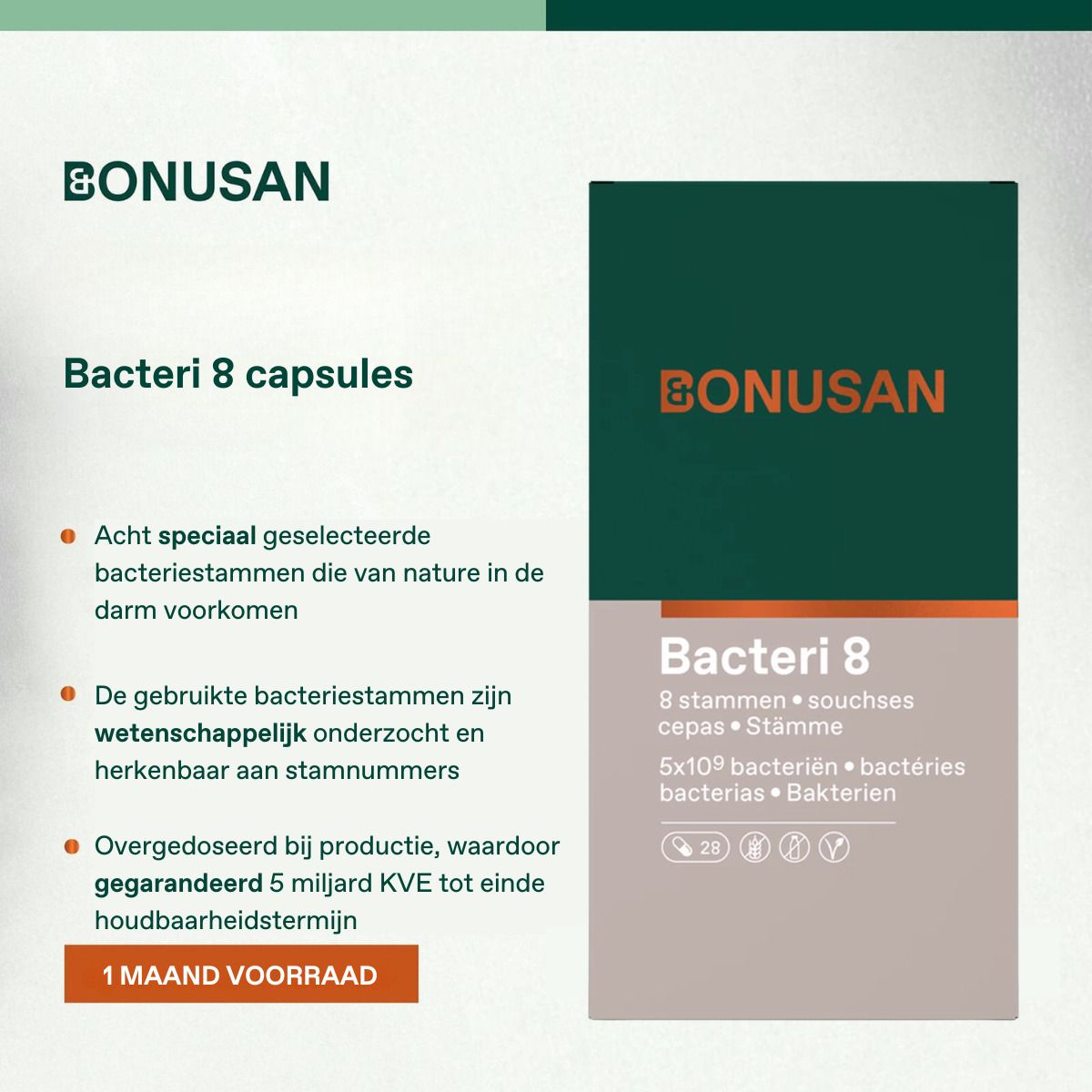 Bonusan Bacteri 8. Productinformatie. Acht bacteriestammen. Verpakking met 28 capsules. Groen-wit design.