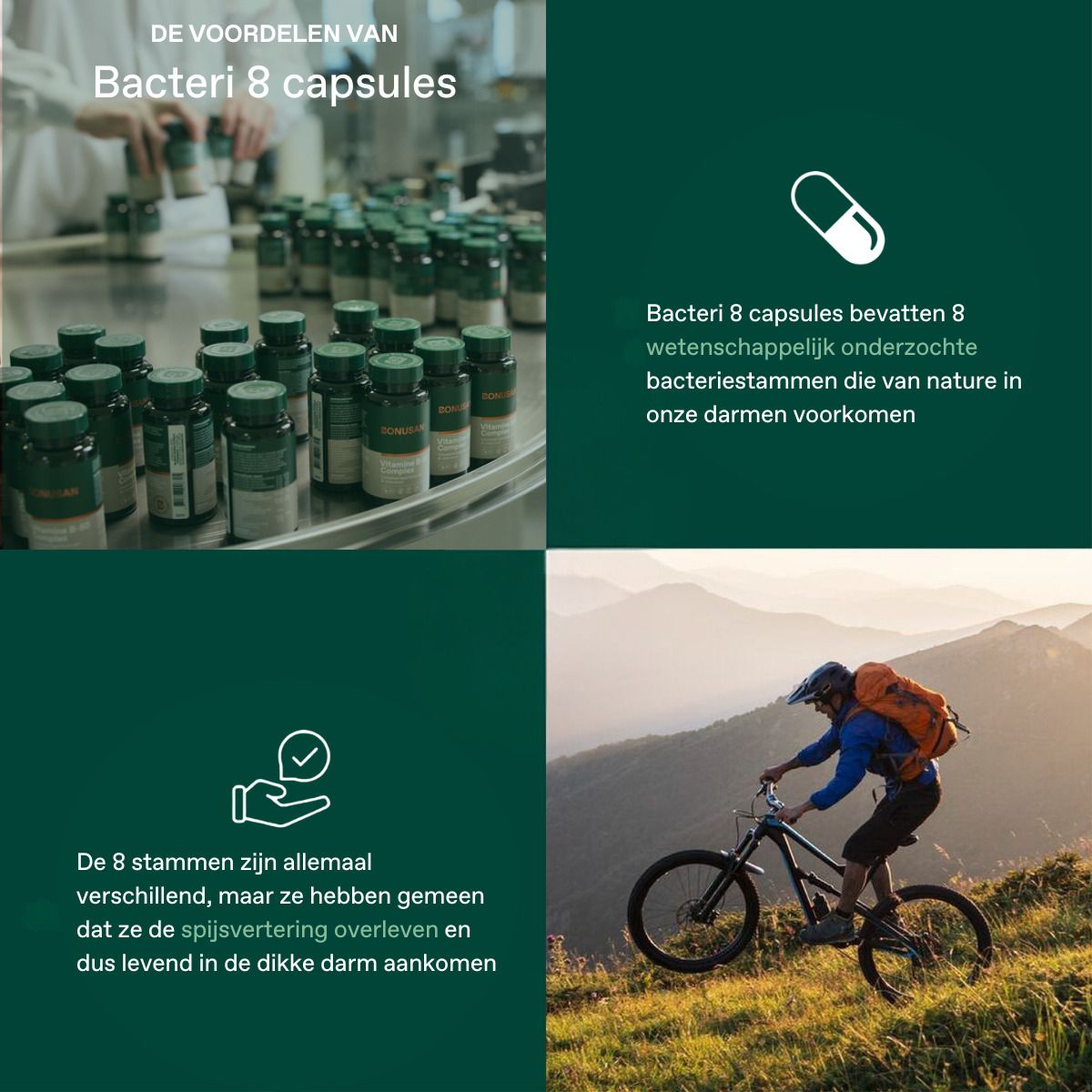 Bacteri 8 capsules. Flessen met capsules in een productiefaciliteit. Afbeelding van een fietser. Hand met bessen.