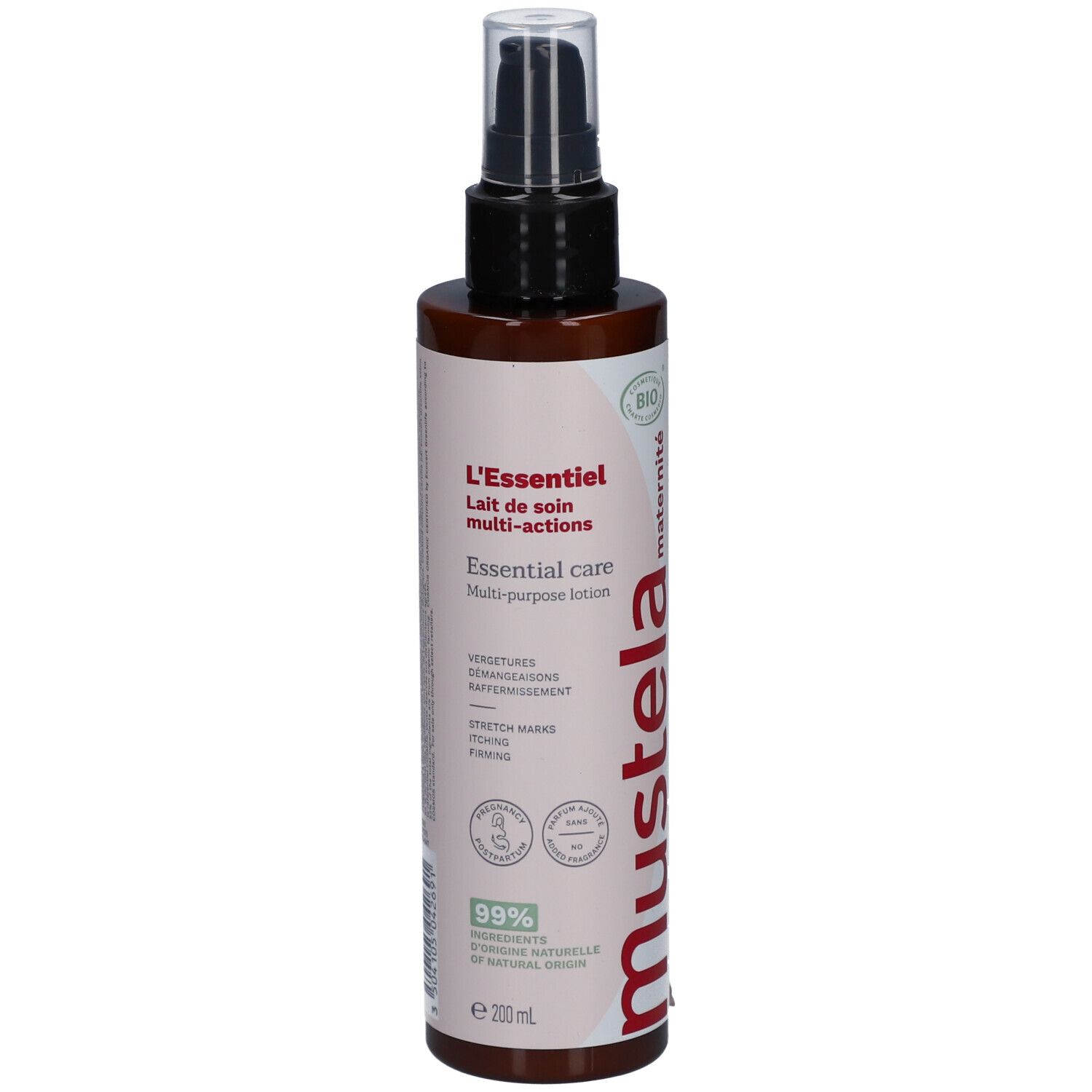 Flacon marron avec pompe noire. Inscription: L'Essentiel, Lait de soin multi-actions, Mustela. Certification bio.