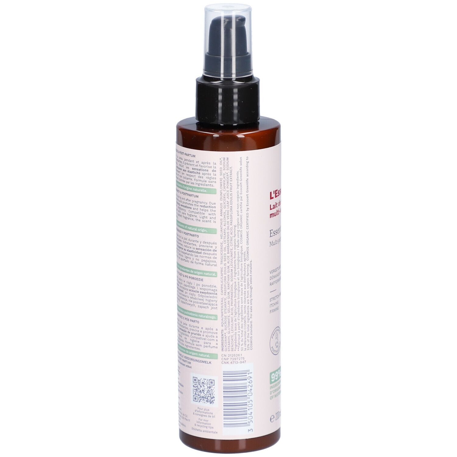 Dos du flacon marron avec texte. Inscription: L'Essentiel, Mustela. Code QR et code-barres. Certification bio.