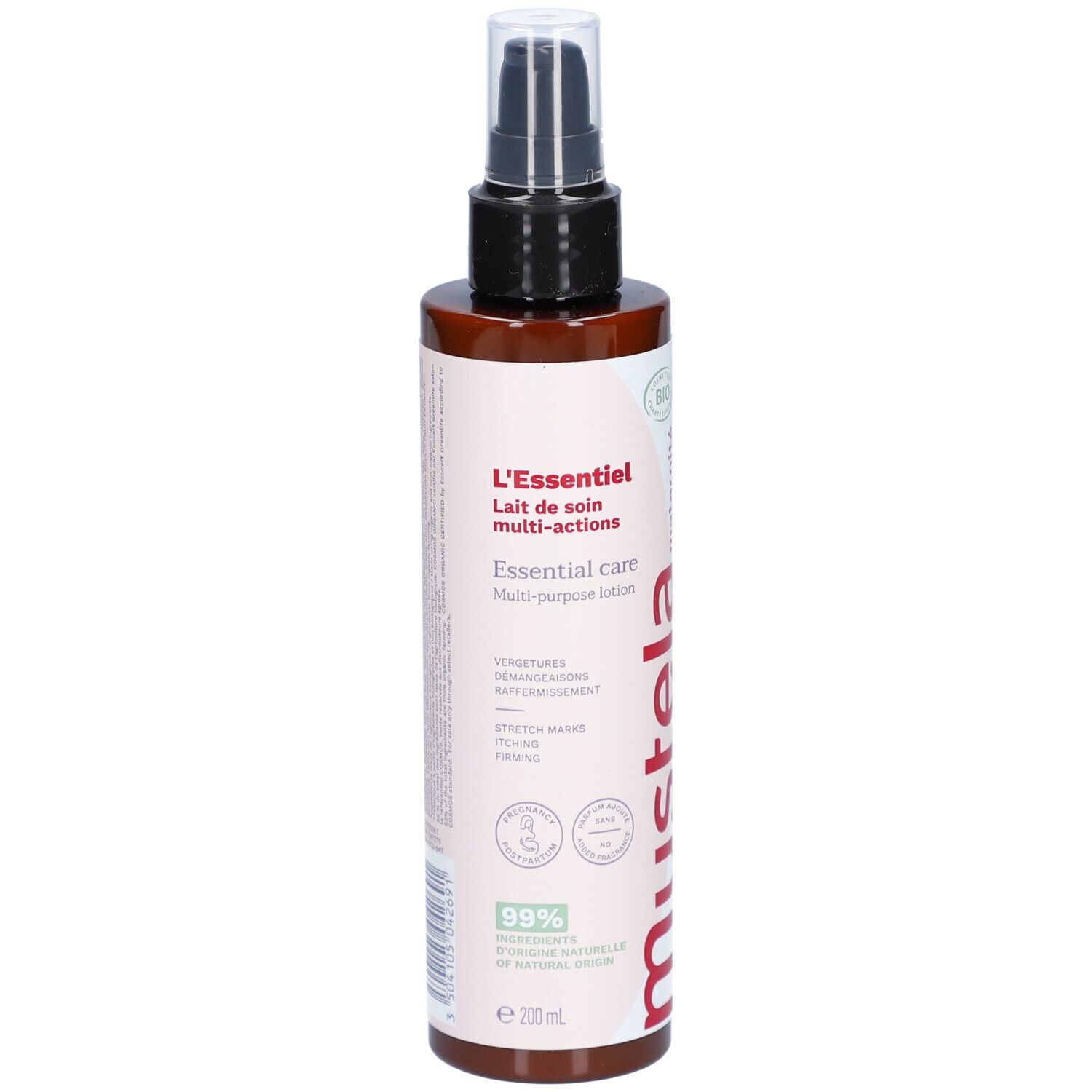 Flacon marron avec pompe noire. Inscription: L'Essentiel, Lait de soin multi-actions, Mustela. Certification bio.