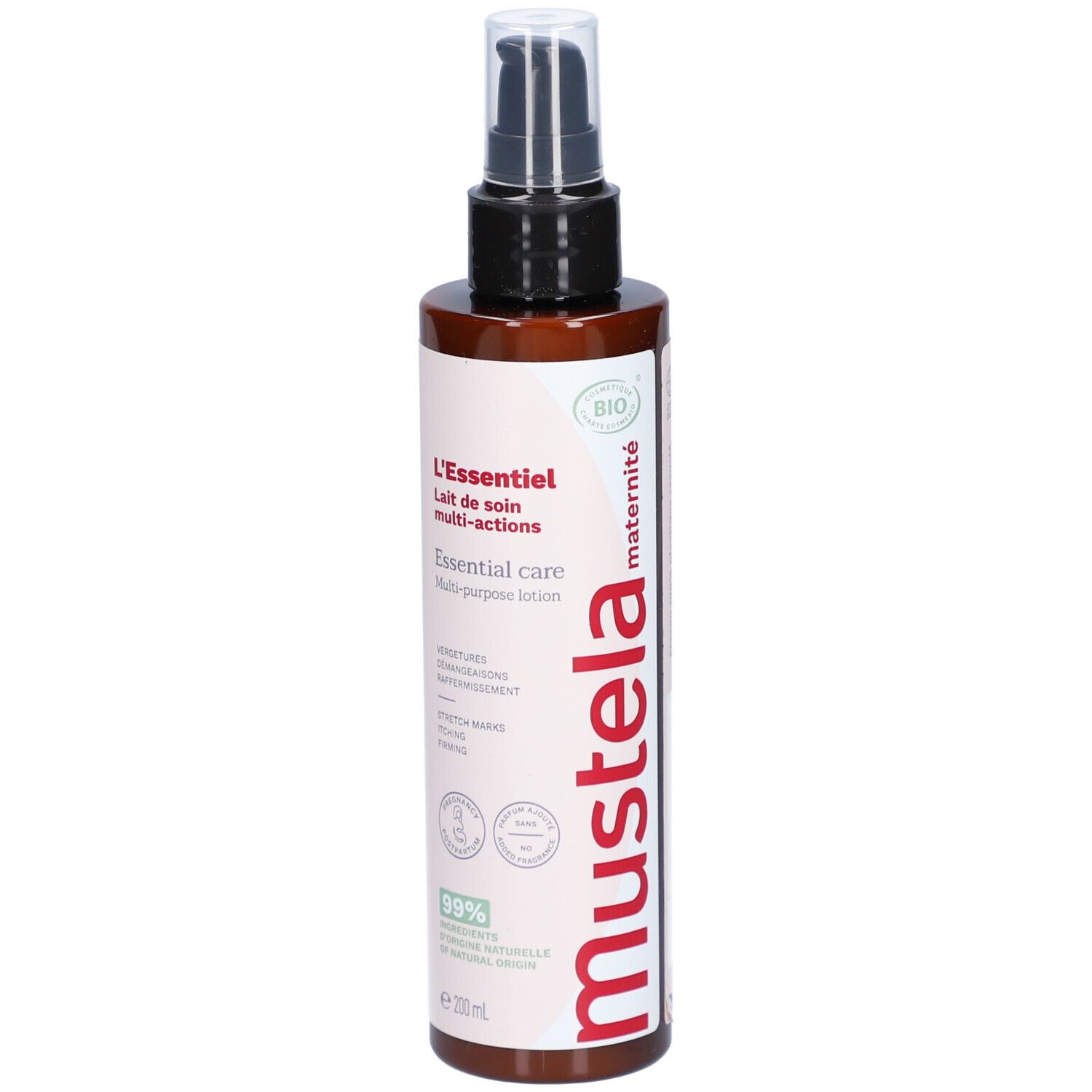 Flacon marron avec pompe noire. Inscription: L'Essentiel, Lait de soin multi-actions, Mustela. Certification bio.