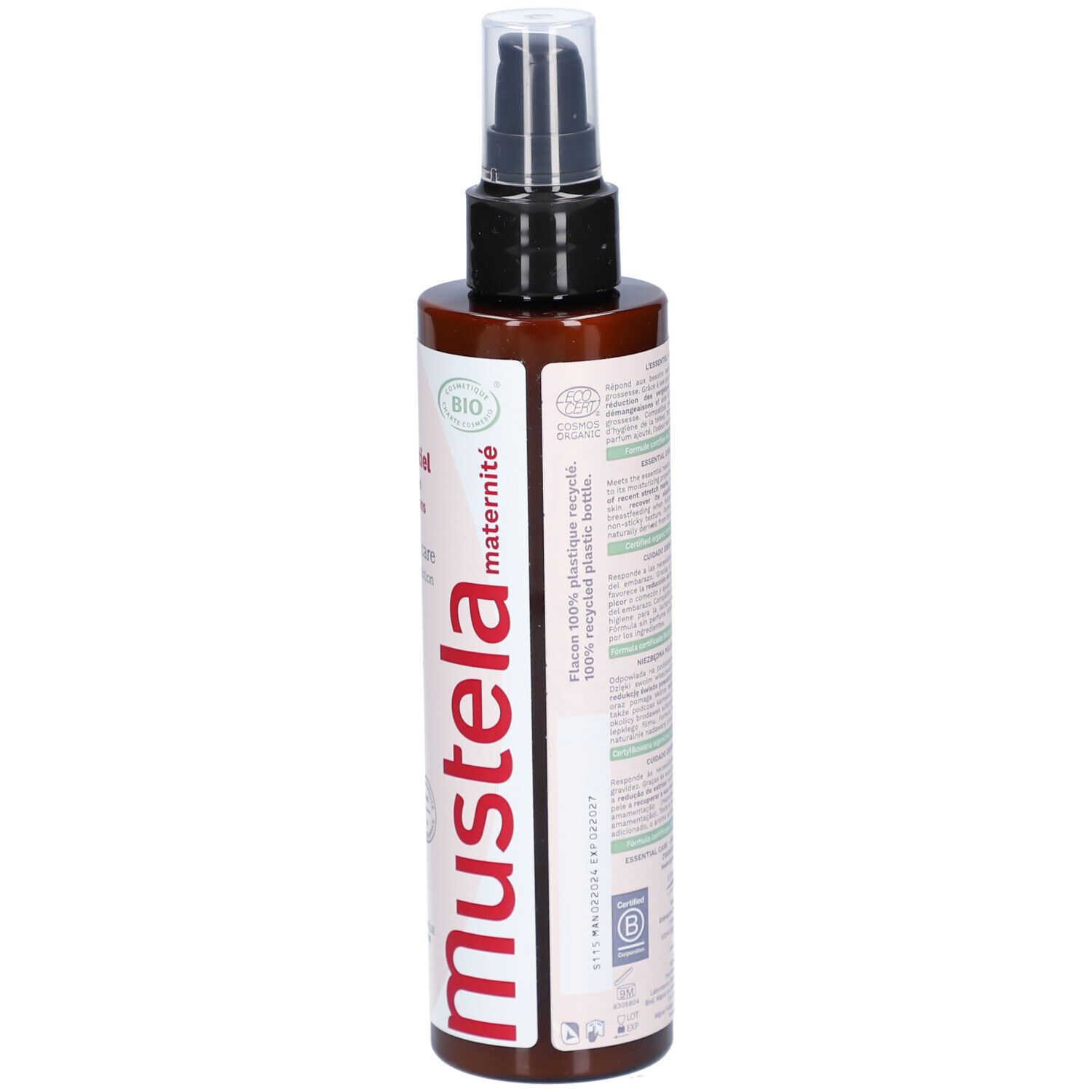 Flacon marron avec pompe noire. Inscription: L'Essentiel, Mustela. Certification bio. Flacon en plastique recyclé.