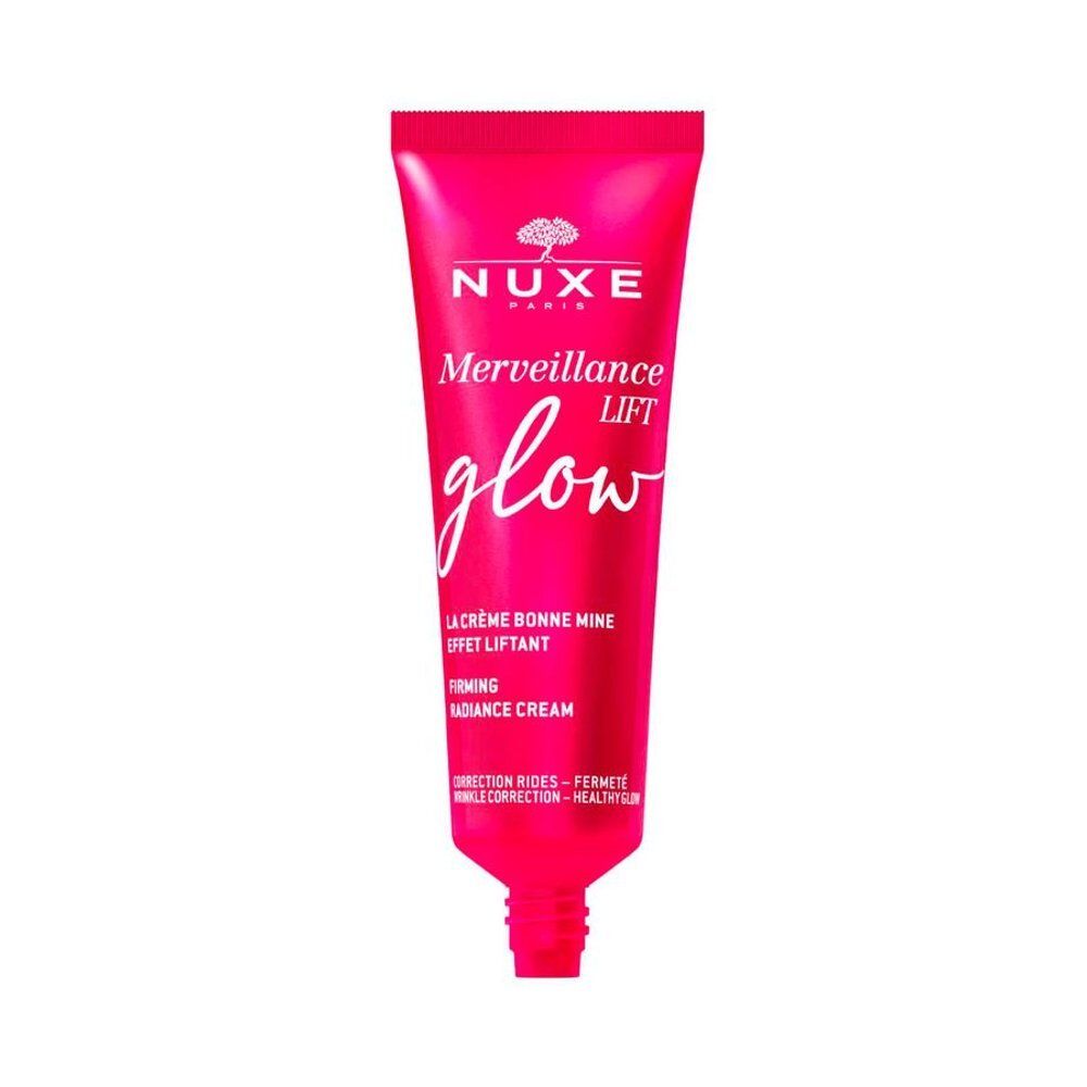 Achterkant van een Nuxe Merveillance Lift Glow crème tube met gebruiksinstructies.