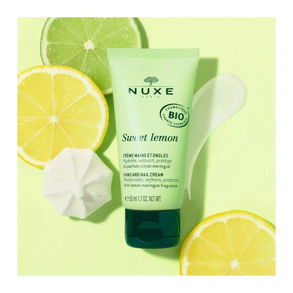 Nuxe Hand- en Nagelcrème Sweet Lemon tube met citroenschijfjes en meringues.