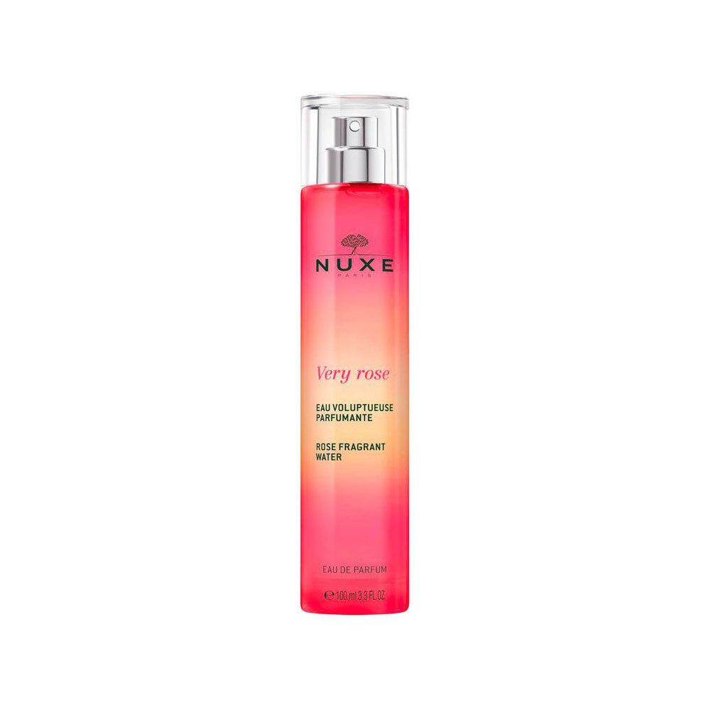 Flacon rose-rouge avec vaporisateur. Inscriptions: Nuxe, Very rose, Eau voluptueuse parfumante, Rose fragrant water.