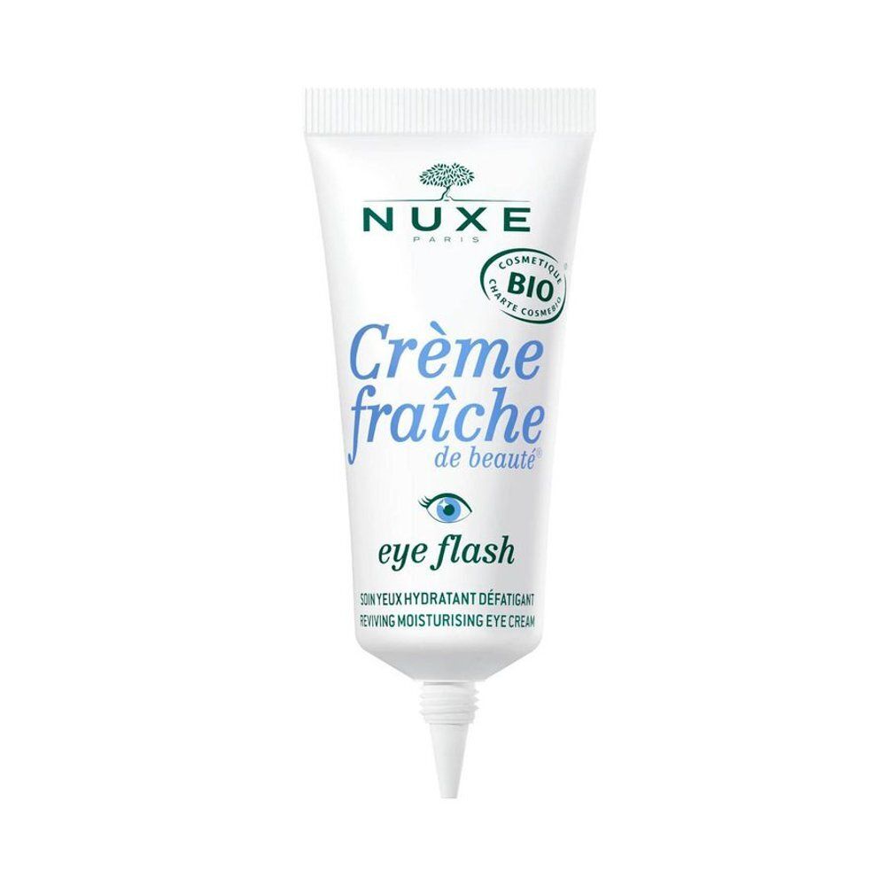 Tube Nuxe Crème Fraîche de Beauté Eye Flash avec bouchon bleu.