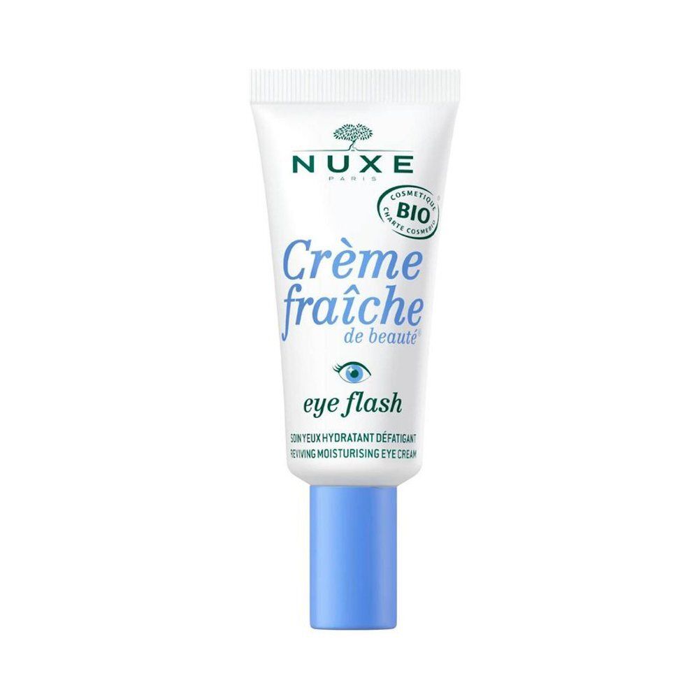 Arrière d'un tube Nuxe Crème Fraîche de Beauté Eye Flash avec instructions et certifications.