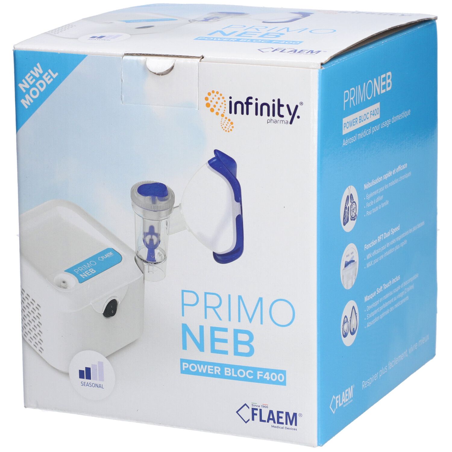 Aërosolapparaat Primo Neb in verpakking. Blauwe en witte doos met productafbeelding en logo's. Flaem-logo onderaan.