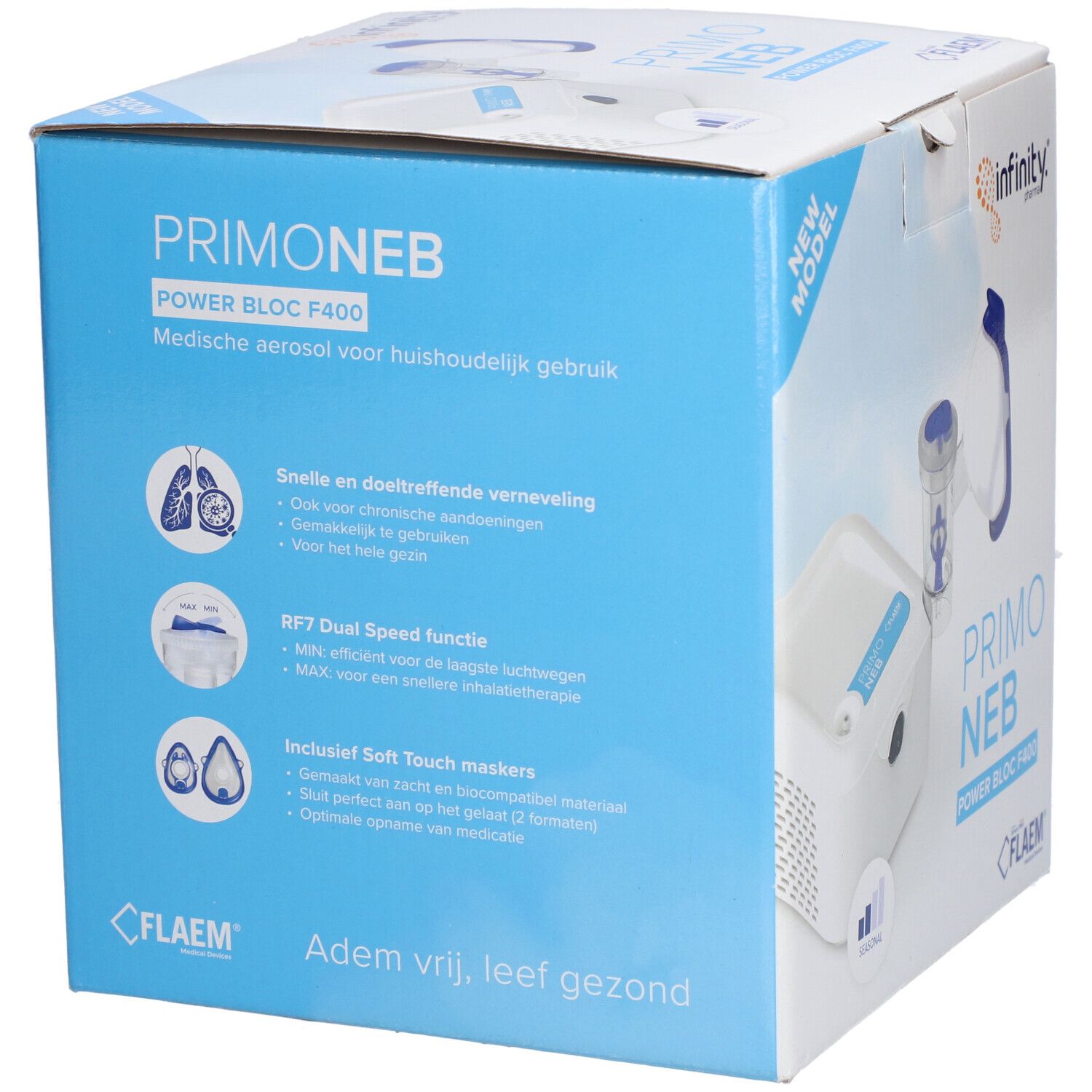 Verpakking van het Primo Neb aërosolapparaat. Blauwe doos met productafbeeldingen en tekst. Flaem-logo onderaan.