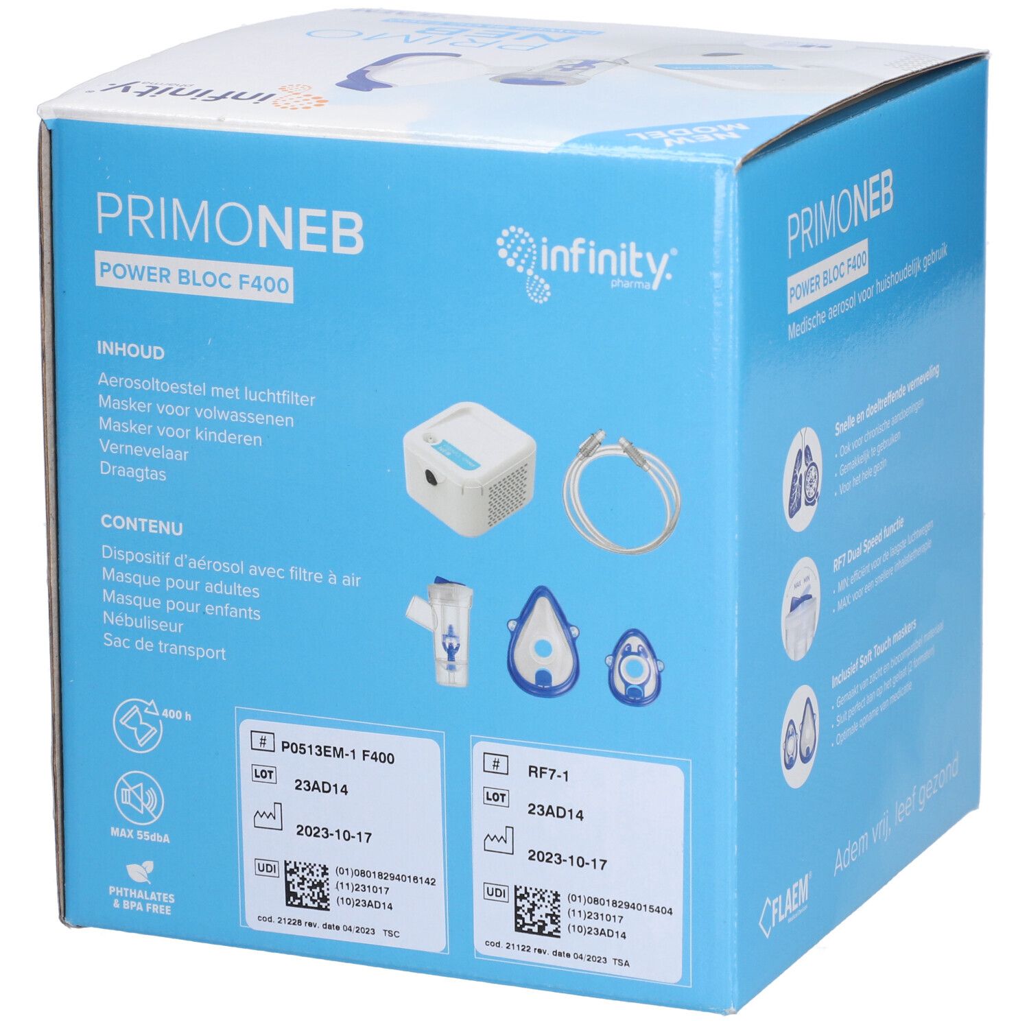 Achterkant van de Primo Neb-verpakking. Bevat componenten: apparaat, maskers, slang. Blauwe doos met tekst en logo's.