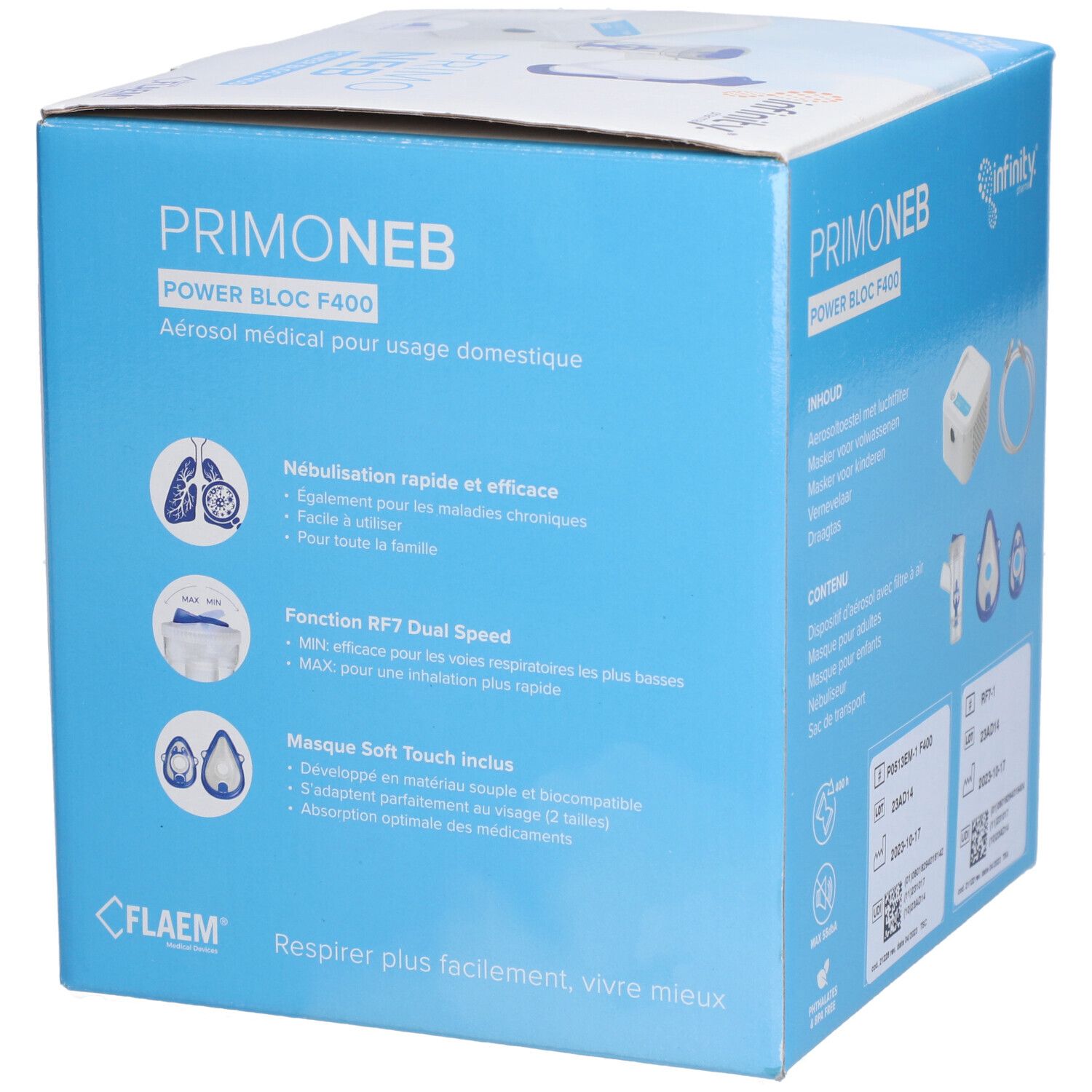 Verpakking van het Primo Neb aërosolapparaat. Blauwe doos met productafbeeldingen en tekst. Flaem-logo onderaan.
