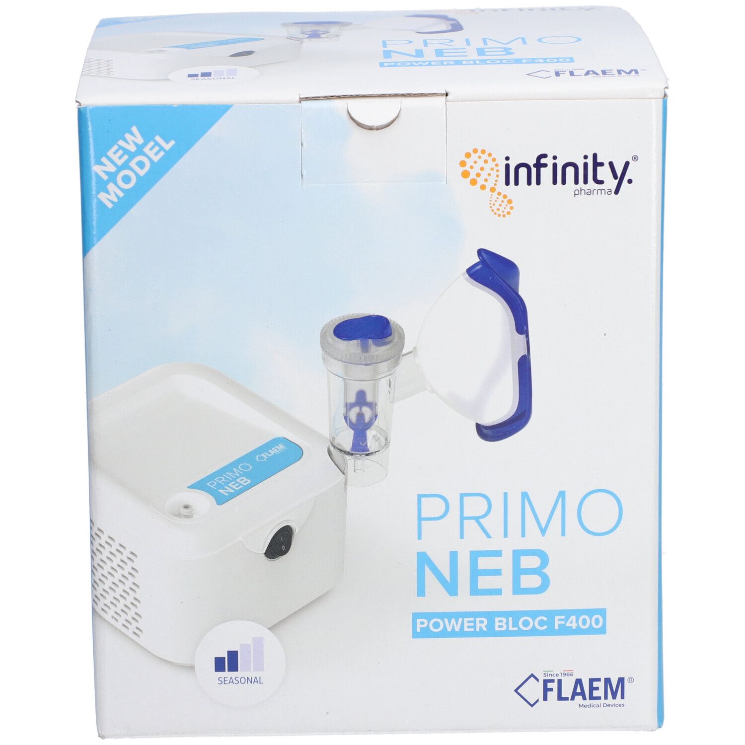 Aërosolapparaat Primo Neb in verpakking. Blauwe en witte doos met productafbeelding en logo's. Flaem-logo onderaan.
