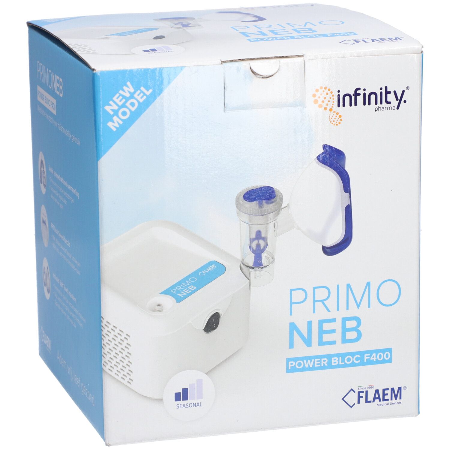 Aërosolapparaat Primo Neb in verpakking. Blauwe en witte doos met productafbeelding en logo's. Flaem-logo onderaan.