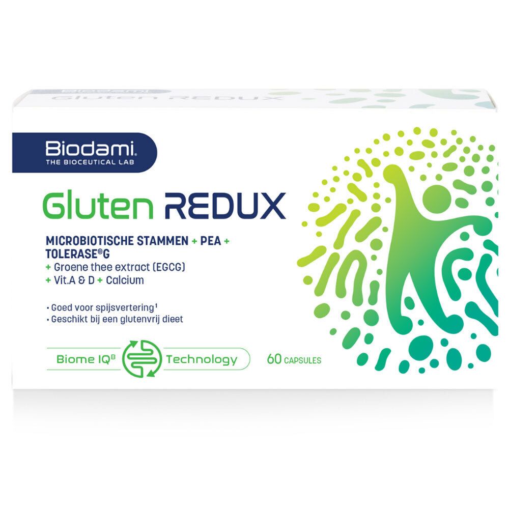 Witte doos met « Biodami Gluten Redux ». Bevat 60 capsules. Opschrift: « Complex van micro-organismen + PEA + Groene thee extract + Vit. A & D + Calcium ».