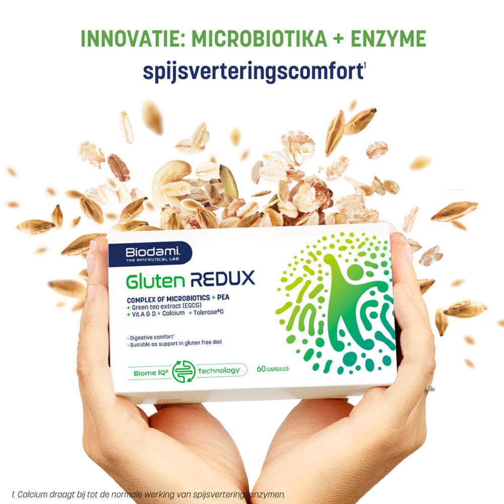Handen houden een doos « Biodami Gluten Redux ». Bevat 60 capsules. Opschrift: « Complex van micro-organismen + PEA + Groene thee extract + Vit. A & D + Calcium ».
