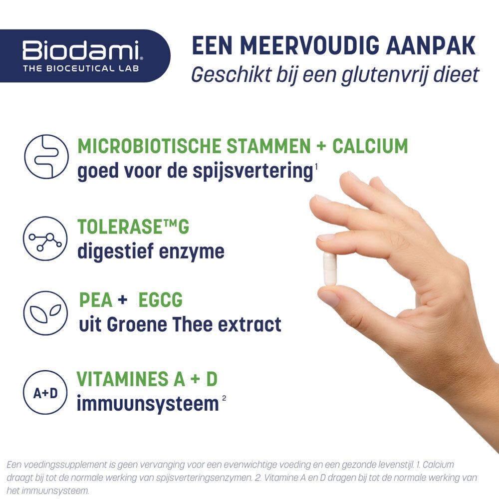 Hand met een capsule. Tekst: Microbiële stammen + Calcium, Tolerase G enzym, PEA + EGCG uit groene thee, Vitaminen A + D.