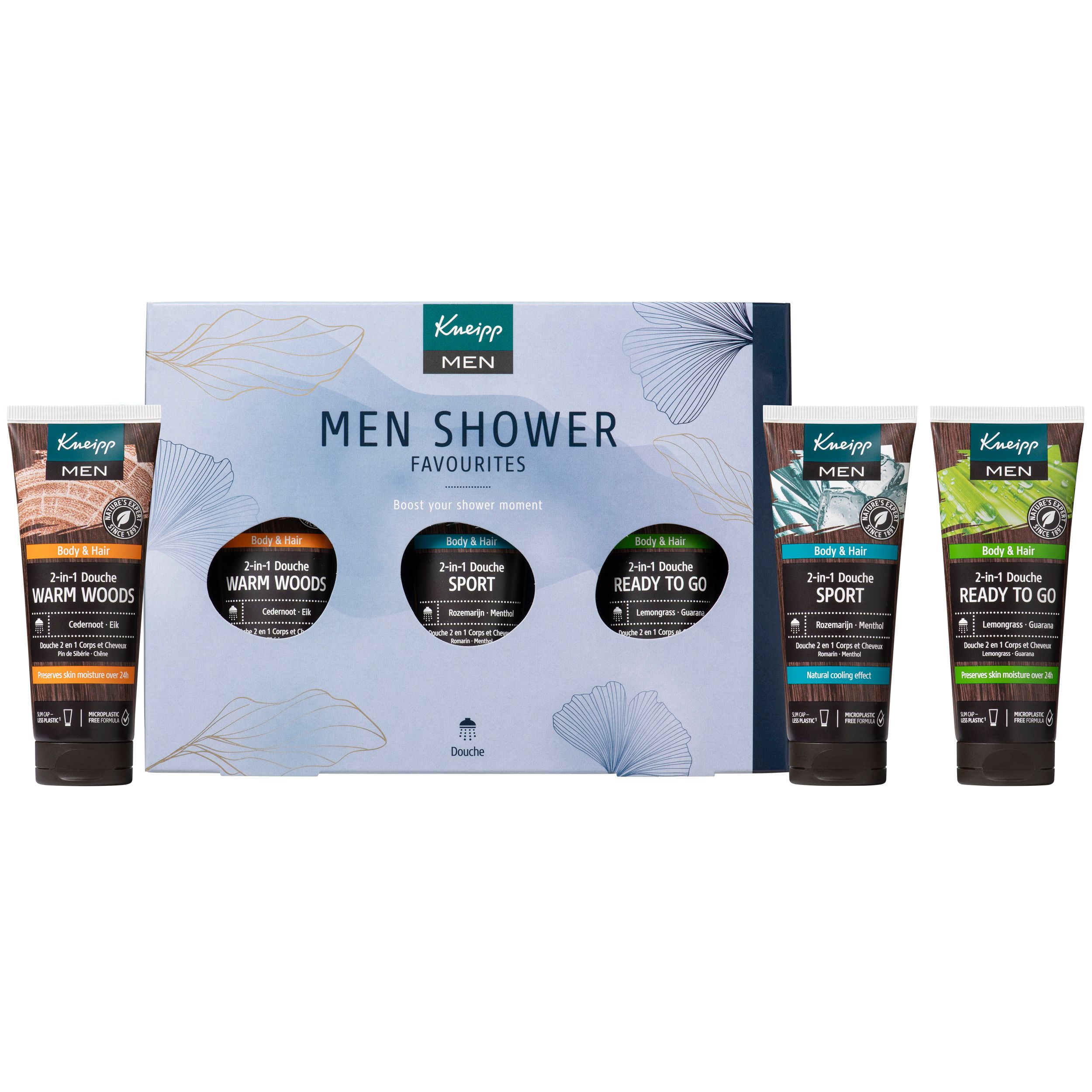 Coffret cadeau avec trois gels douche. Tubes de gel douche et emballage. Nom et logo du produit.