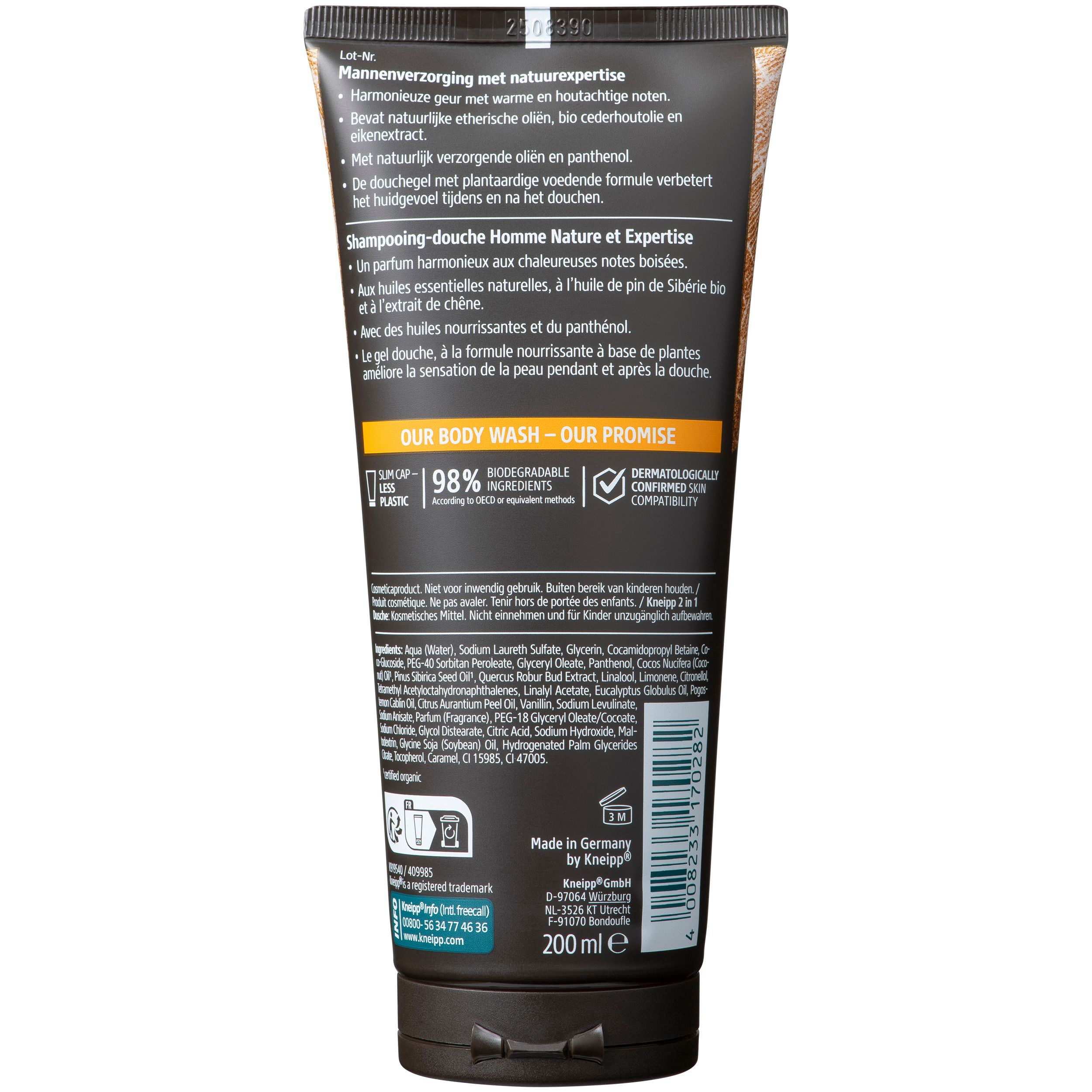 Achterkant van de douchegel tube. Bevat informatie over ingrediënten, fabrikant en certificeringen. Volume: "200 ml".