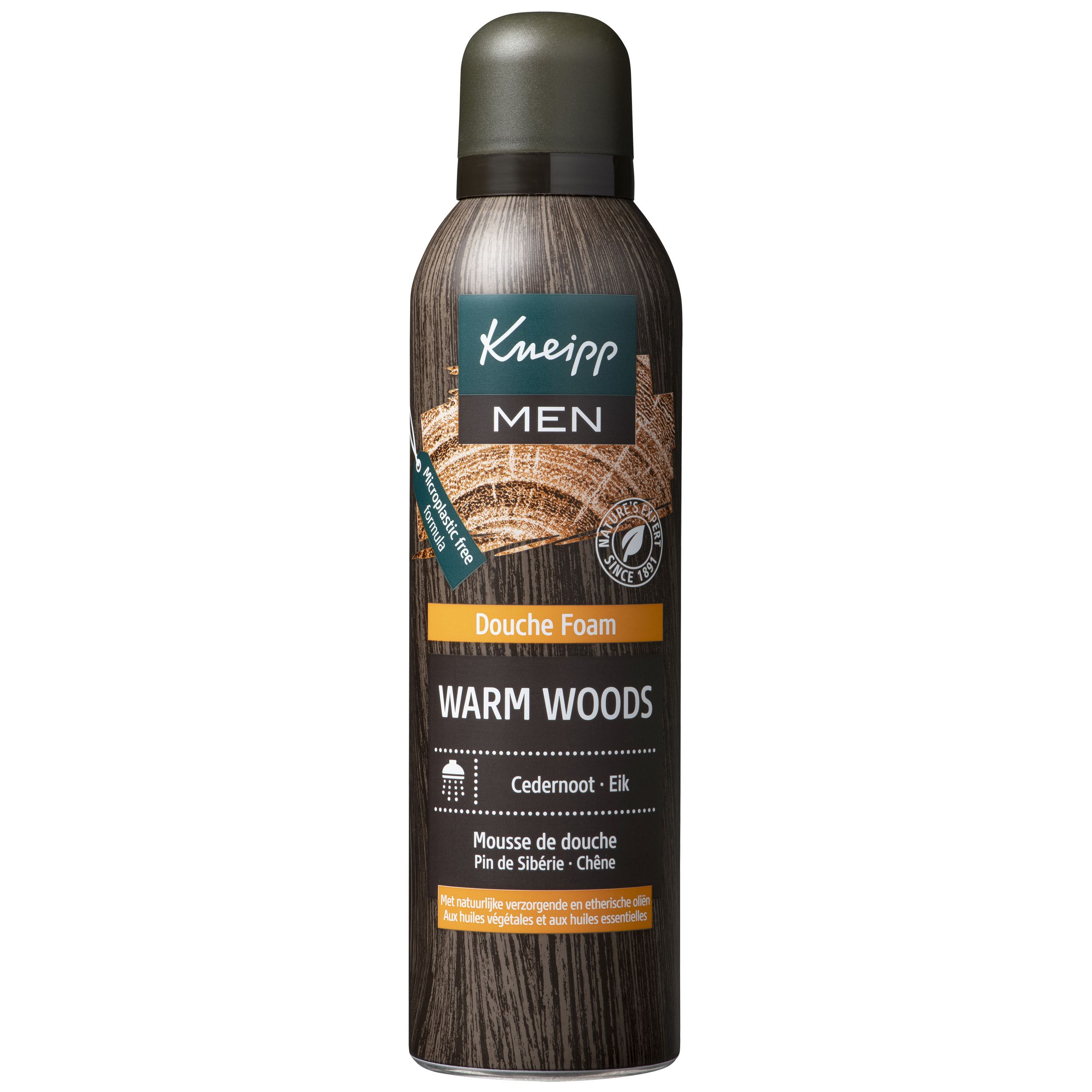 Kneipp Men Douche Foam Warm Woods. Bruine fles met houtnerf. Douche Foam, Cederhout - Elk, Siberische den - Eik.